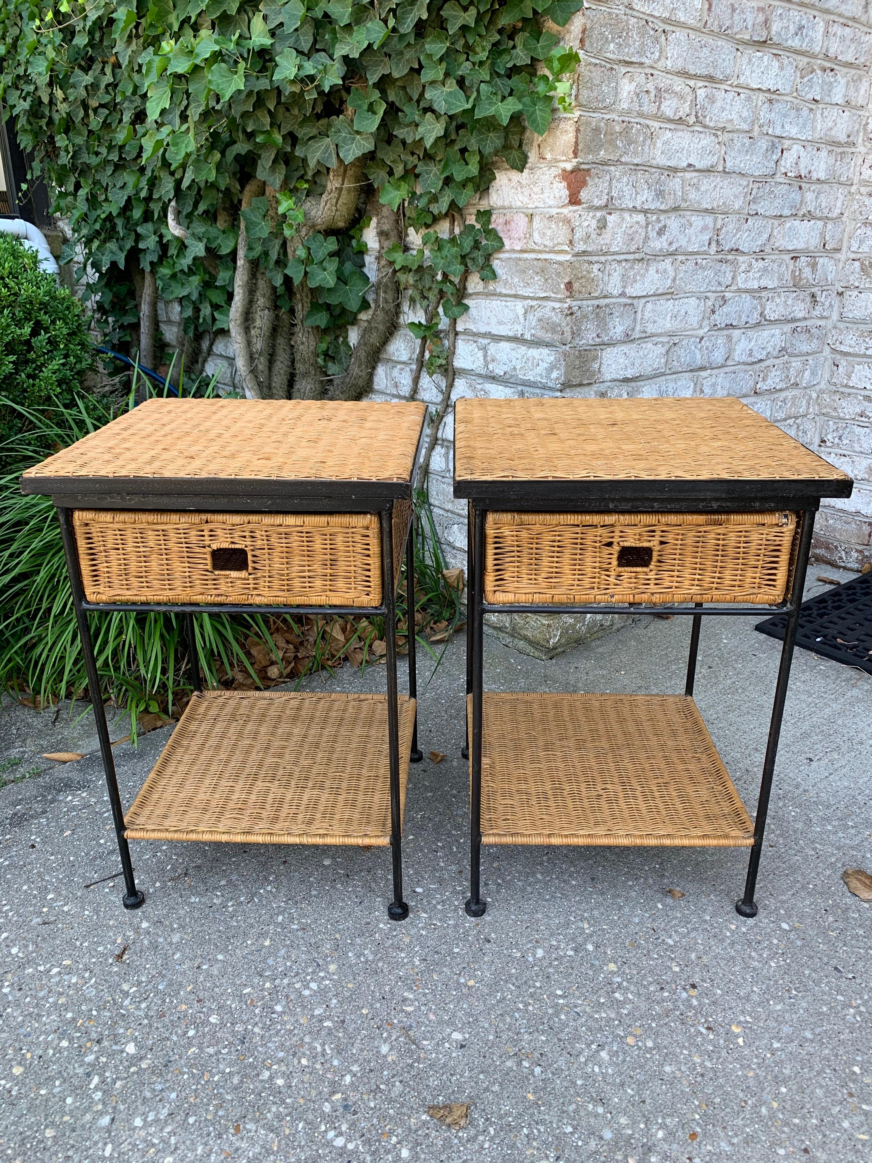 Mid-Century Modern Side Tables in Wicker/Rattan and Iron 3