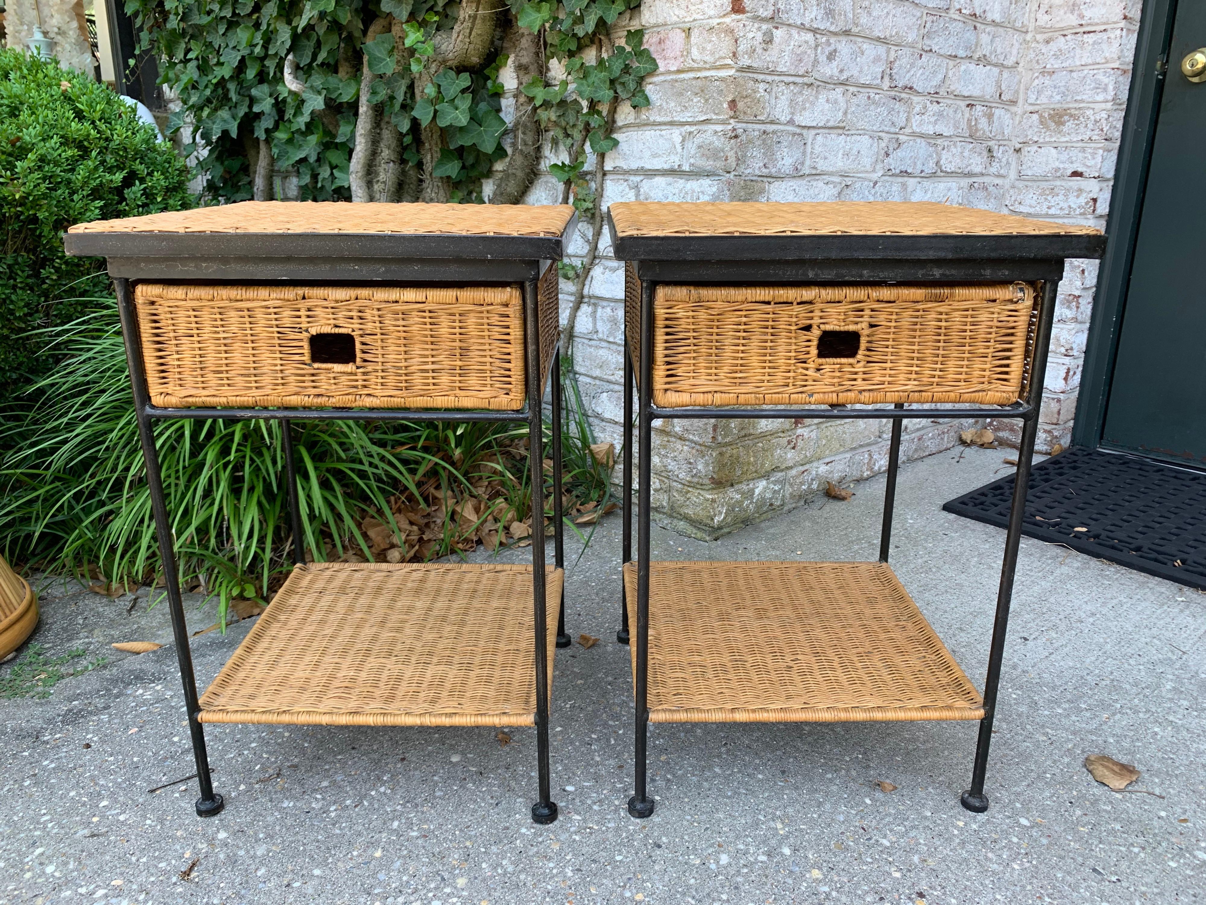 Mid-Century Modern Side Tables in Wicker/Rattan and Iron 4