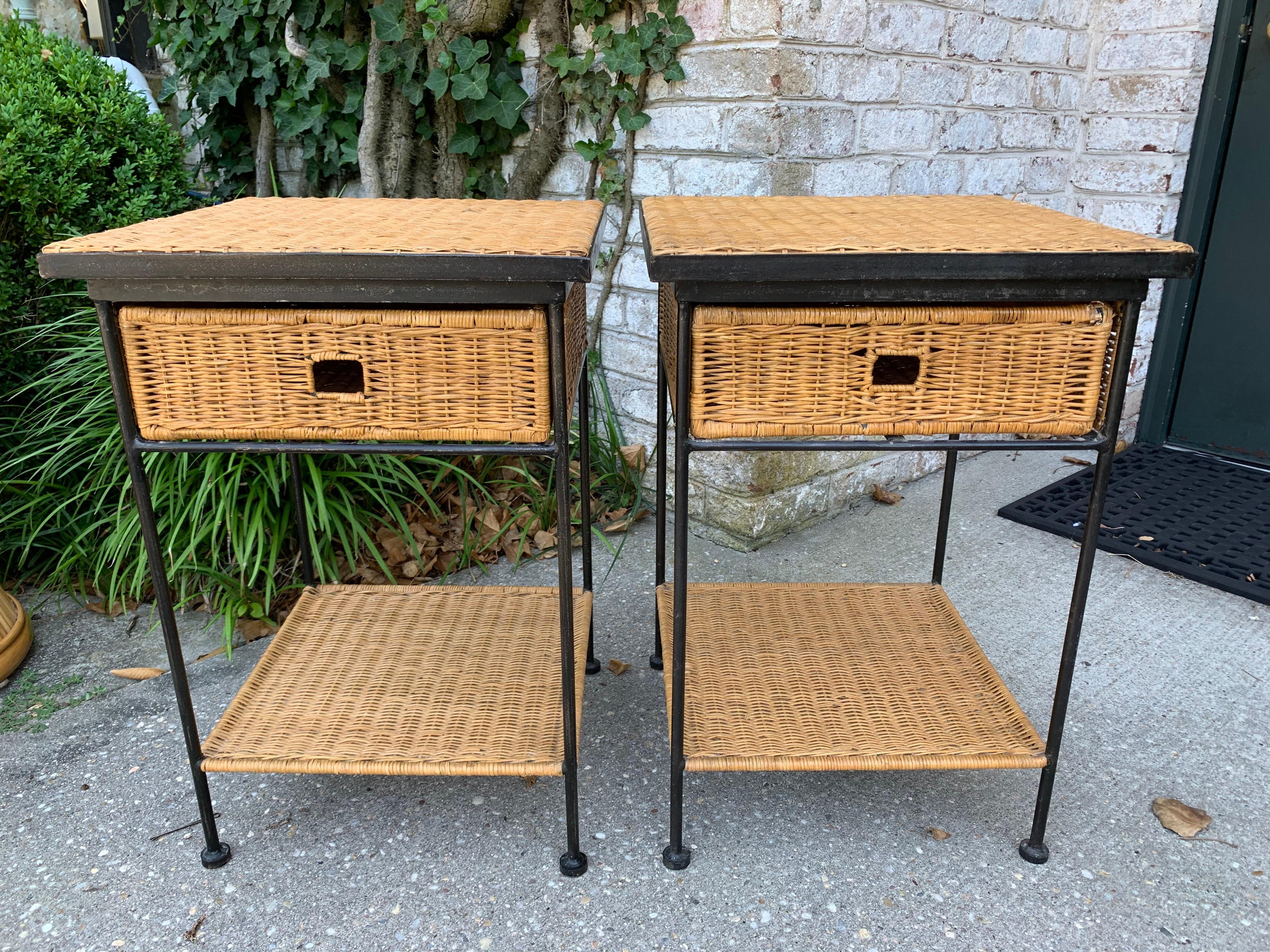 Mid-Century Modern Side Tables in Wicker/Rattan and Iron 5