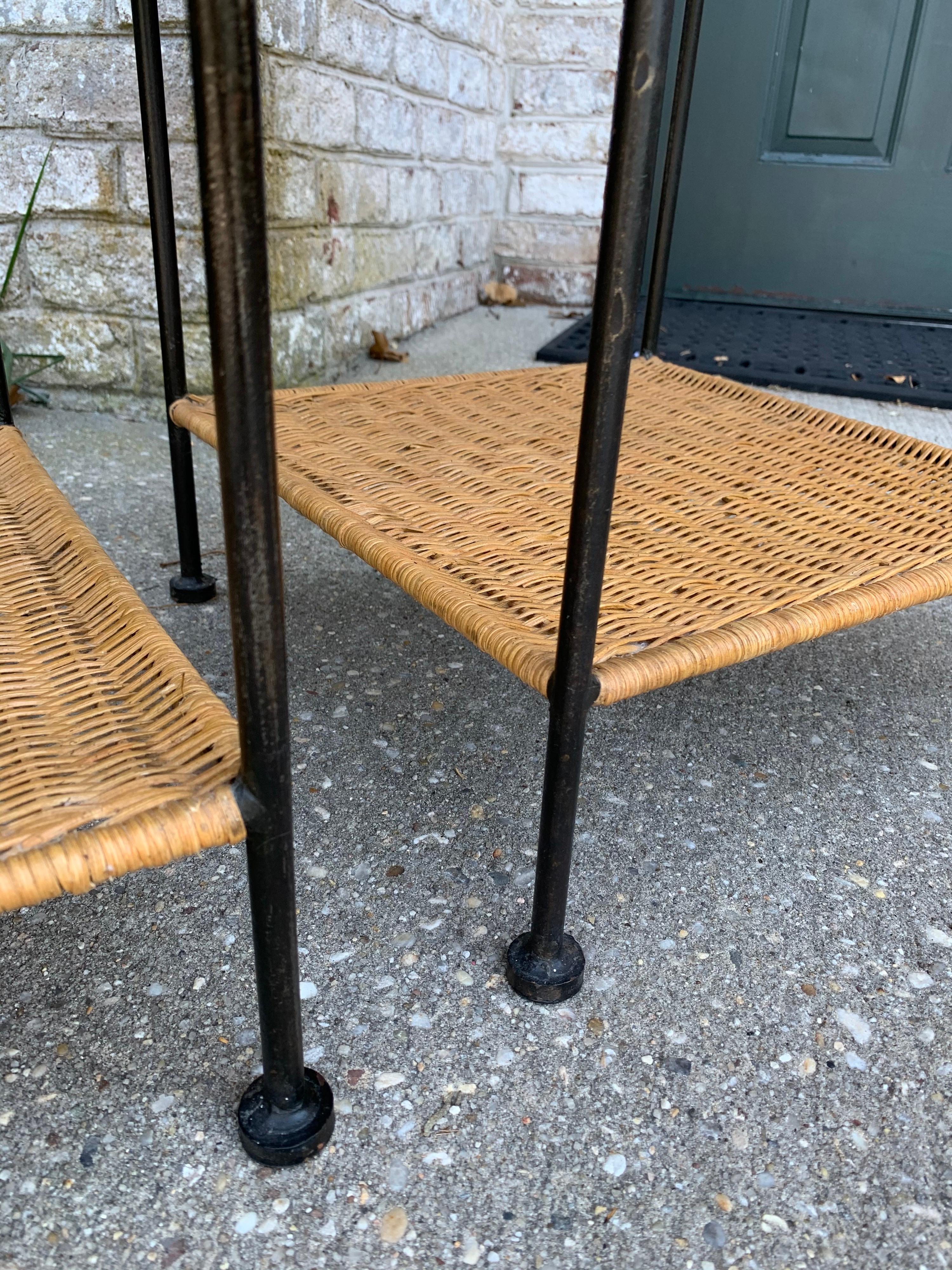 American Mid-Century Modern Side Tables in Wicker/Rattan and Iron