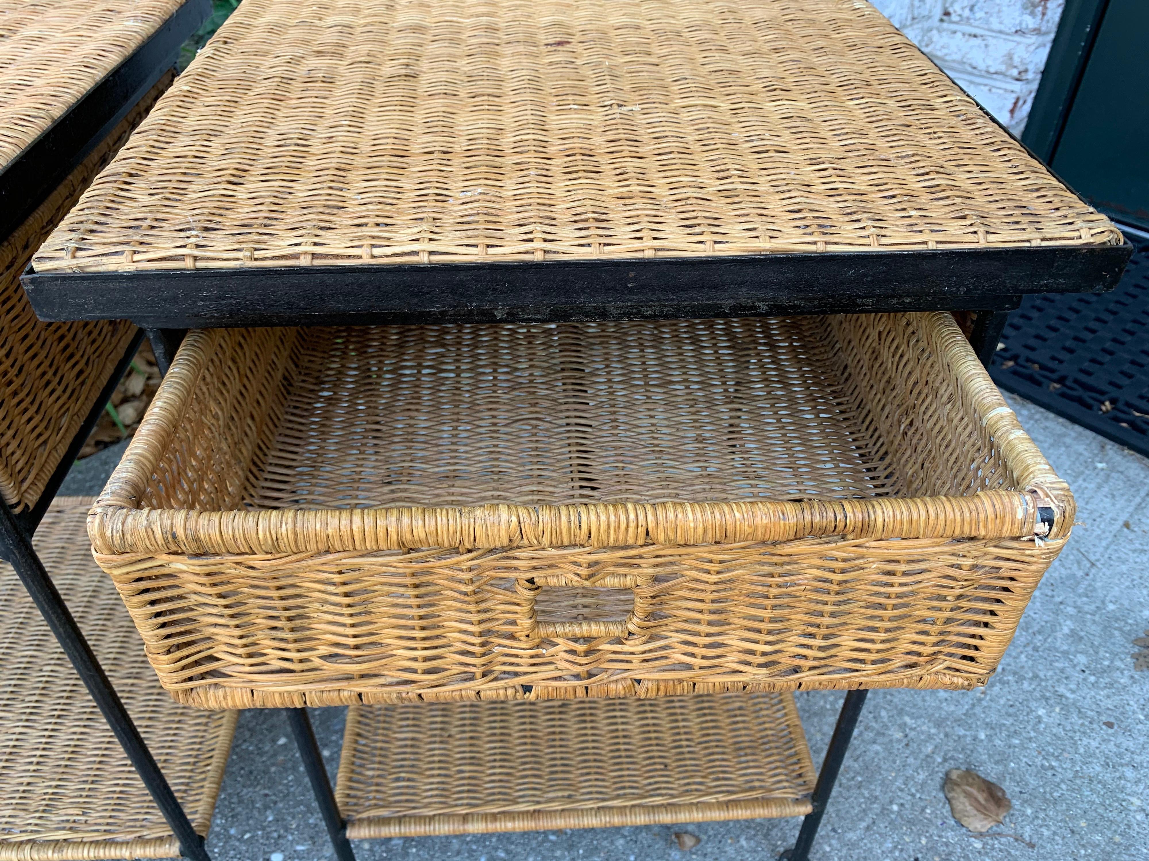 Mid-Century Modern Side Tables in Wicker/Rattan and Iron 1