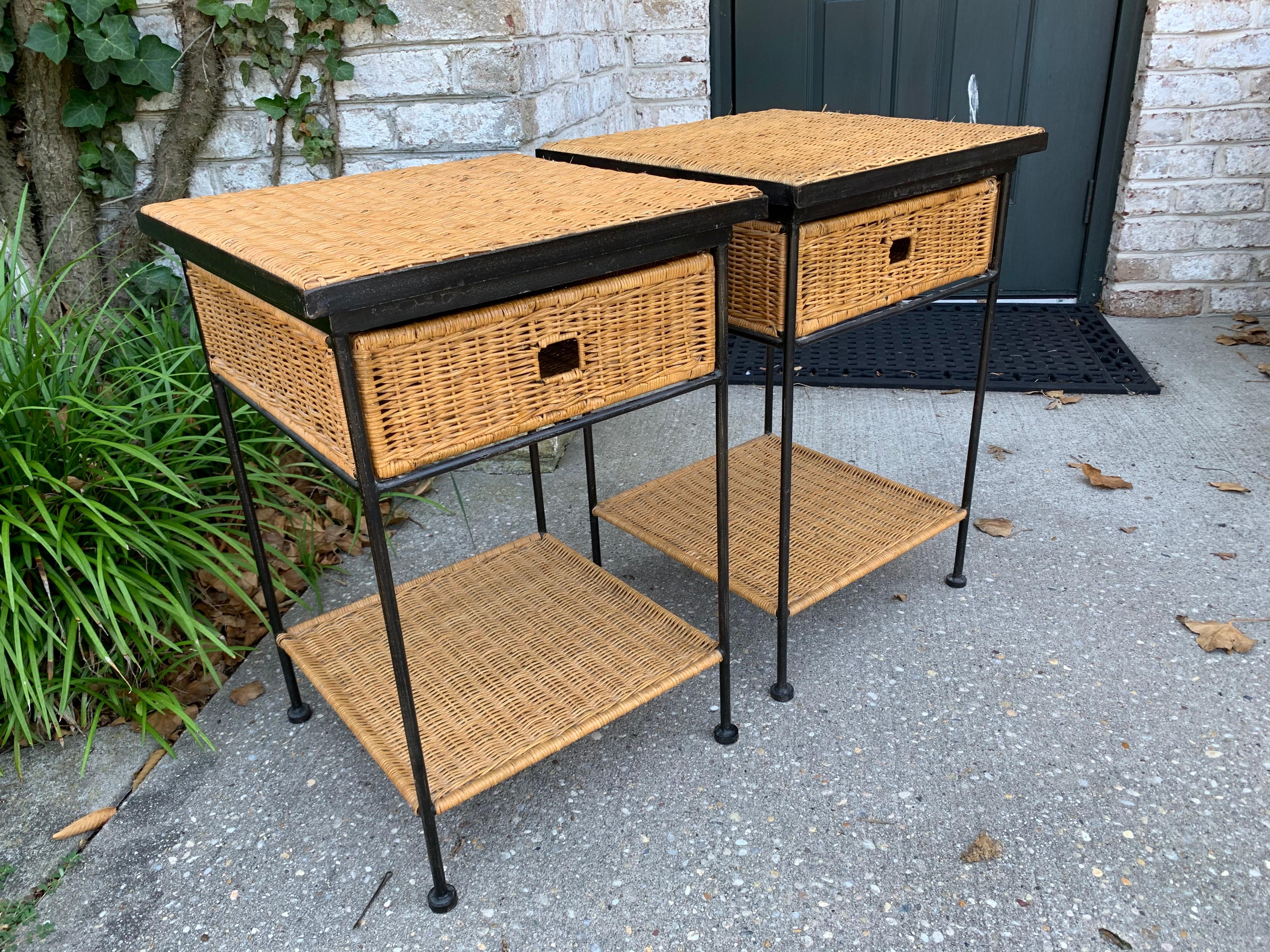Mid-Century Modern Side Tables in Wicker/Rattan and Iron 2
