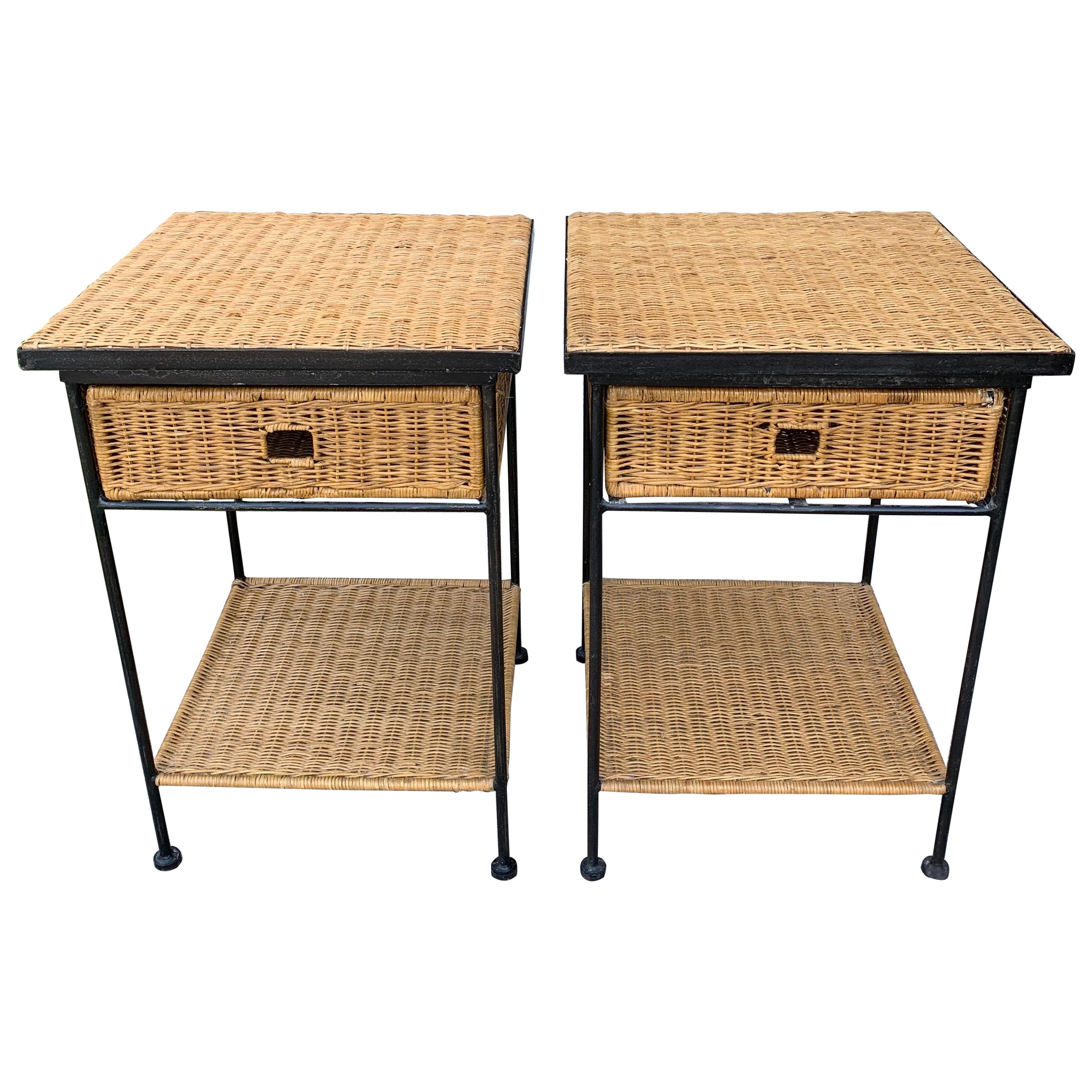 Mid-Century Modern Side Tables in Wicker/Rattan and Iron