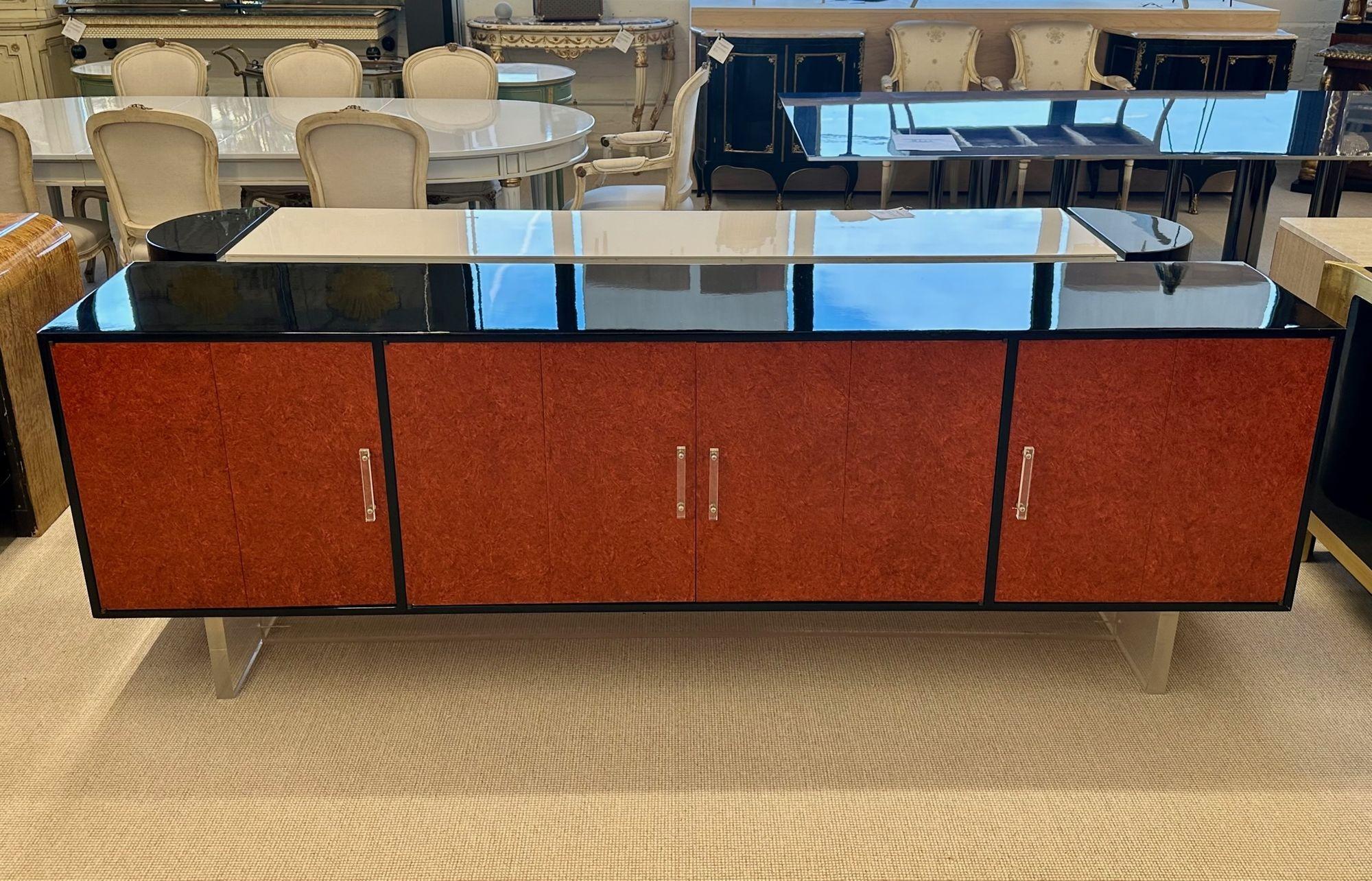 American Mid-Century Modern Sideboard / Credenza, Red Lacquered and Ebony For Sale