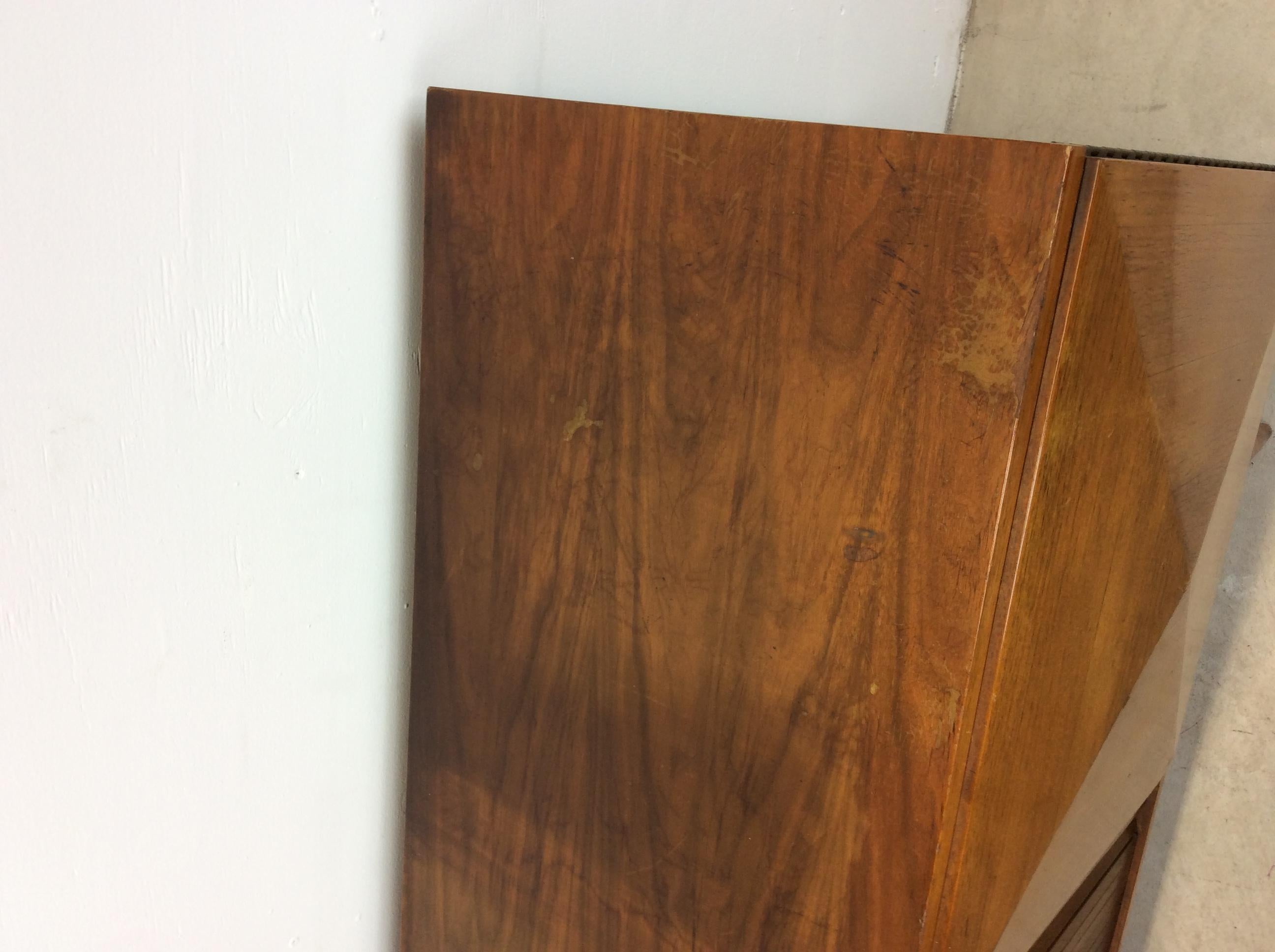 Walnut Mid Century Modern Sideboard Credenza with Beveled Cabinet Doors & Tambour Door