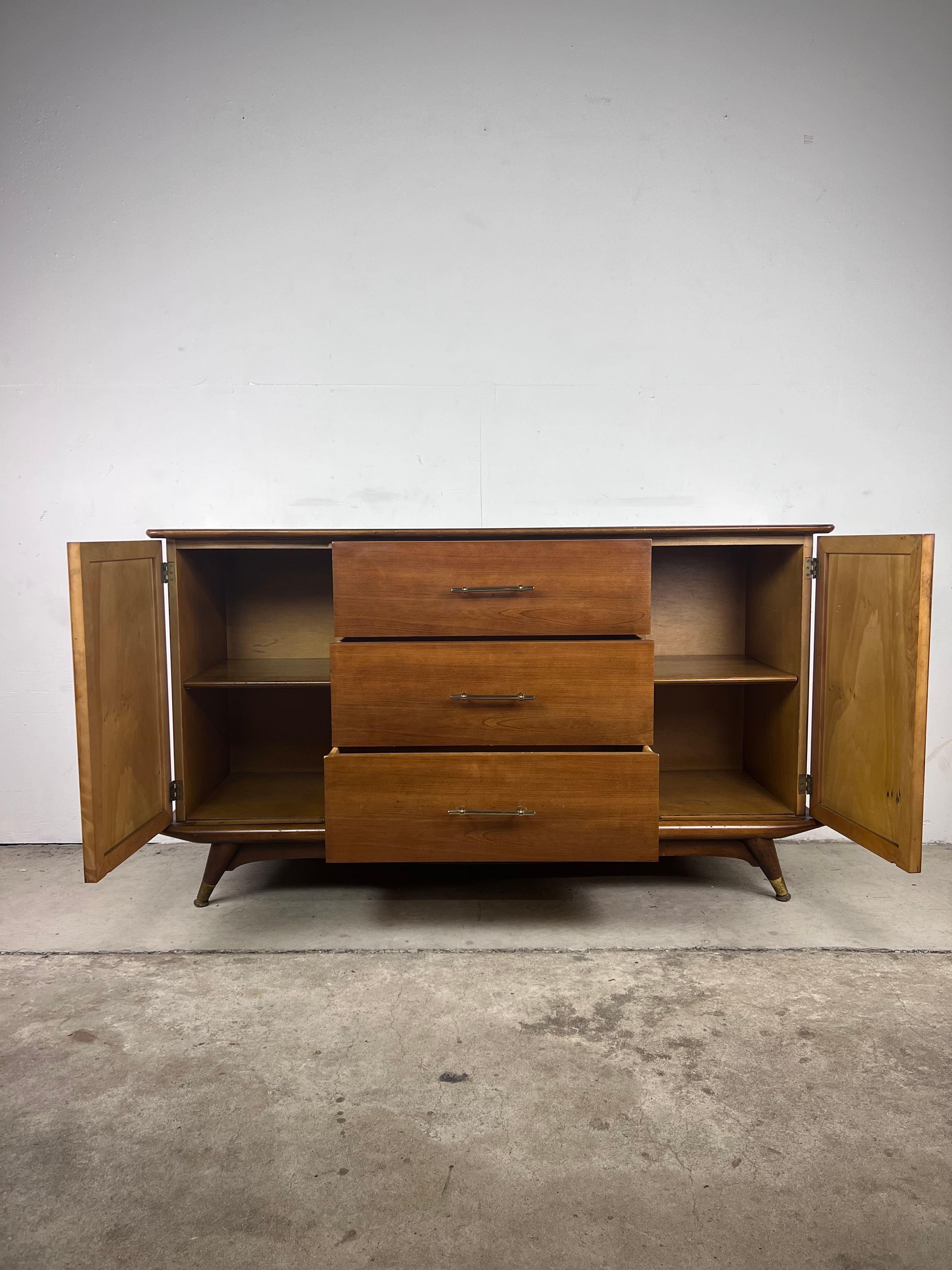 Walnut Mid Century Modern Sideboard Credenza with Brass Capped Feet For Sale