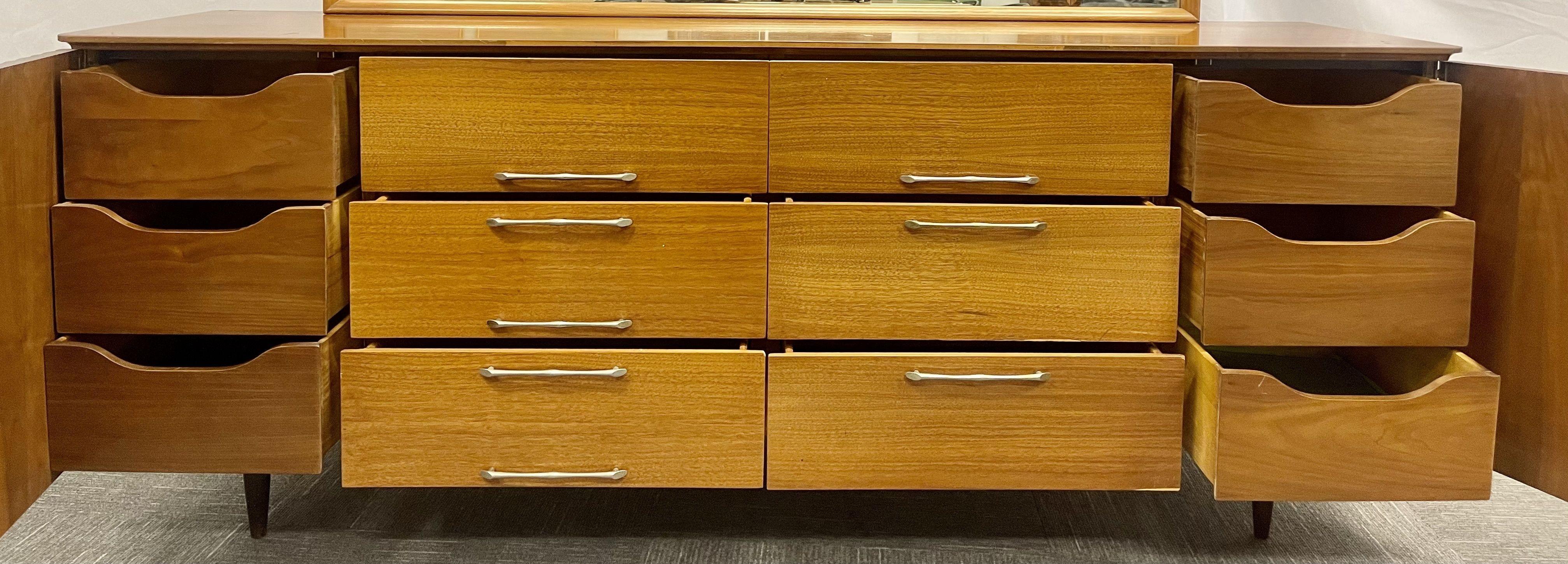 Wood Mid-Century Modern Sideboard, Dresser, Attached Mirror, Bedroom Set For Sale