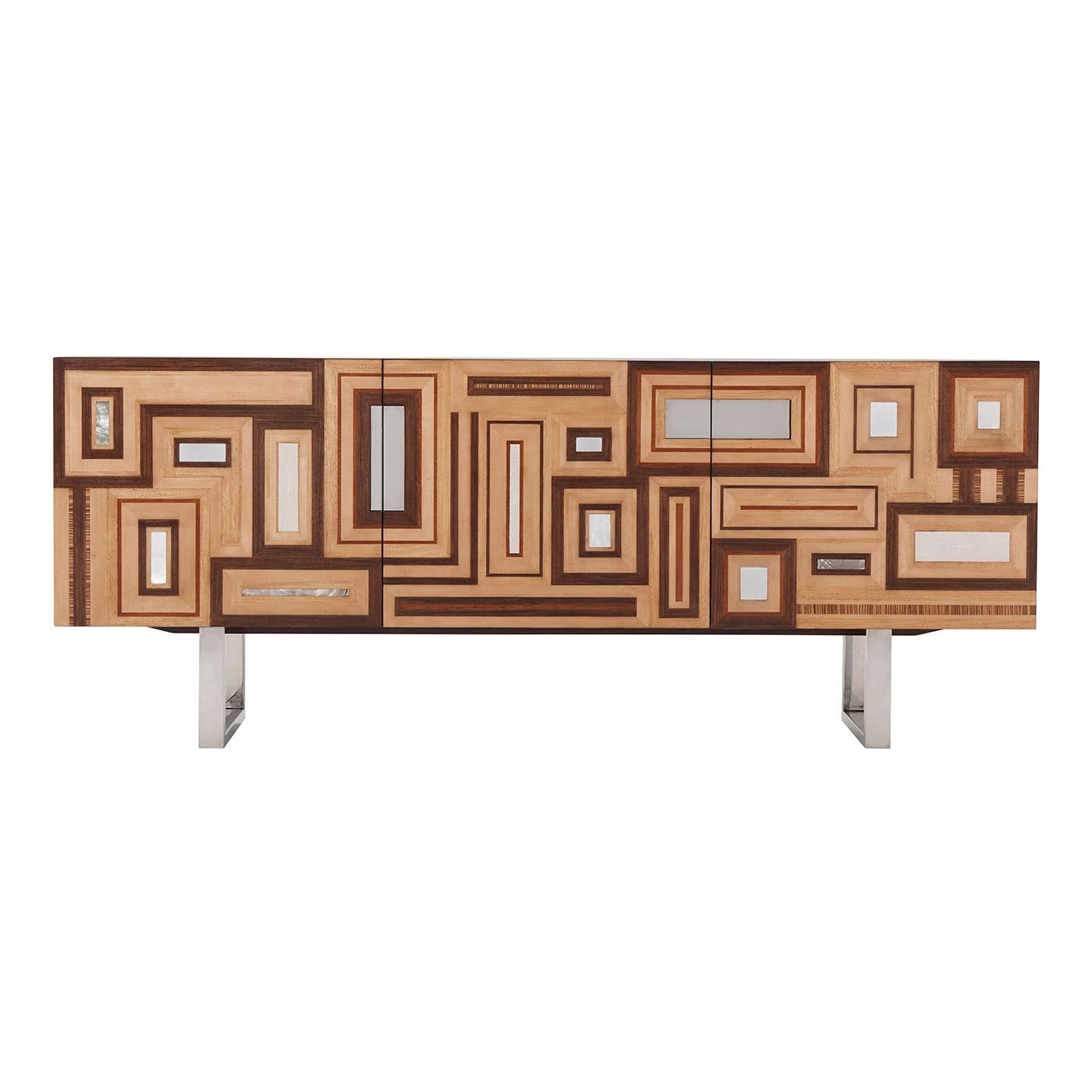A Mid-Century Modern sideboard with a quartered walnut veneered parquetry inlaid doors with shagreen, faux Horn, and mother of pearl inlaid panels details and with recessed stainless steel backed handles. The two-section mahogany veneered interior