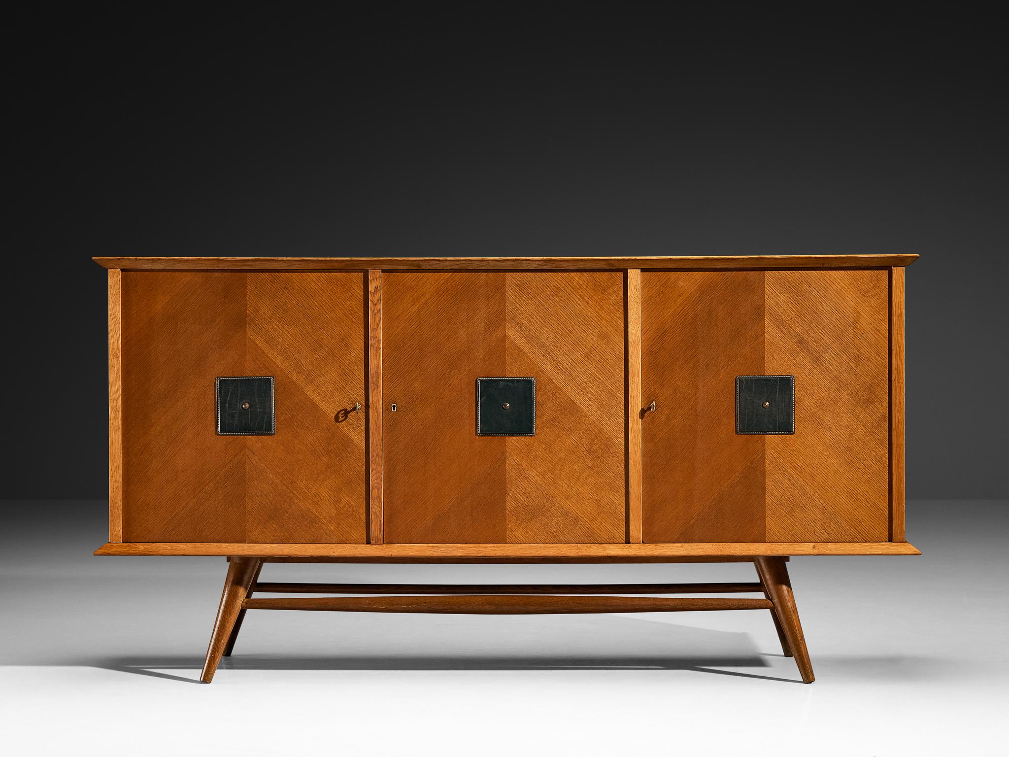 Credenza moderna di metà secolo in Oak con dettagli geometrici in pelle In condizioni buone in vendita a Waalwijk, NL