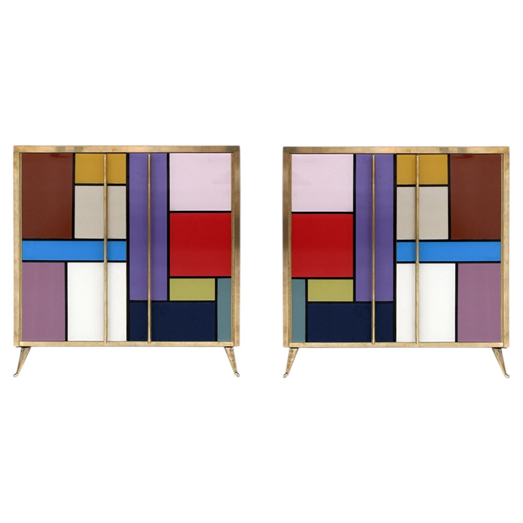 Mid-Century Modern Sideboards, Solid Wood & Colored Glass, Italy, 1950s For Sale