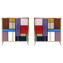 Mid-Century Modern Sideboards, Solid Wood & Colored Glass, Italy, 1950s