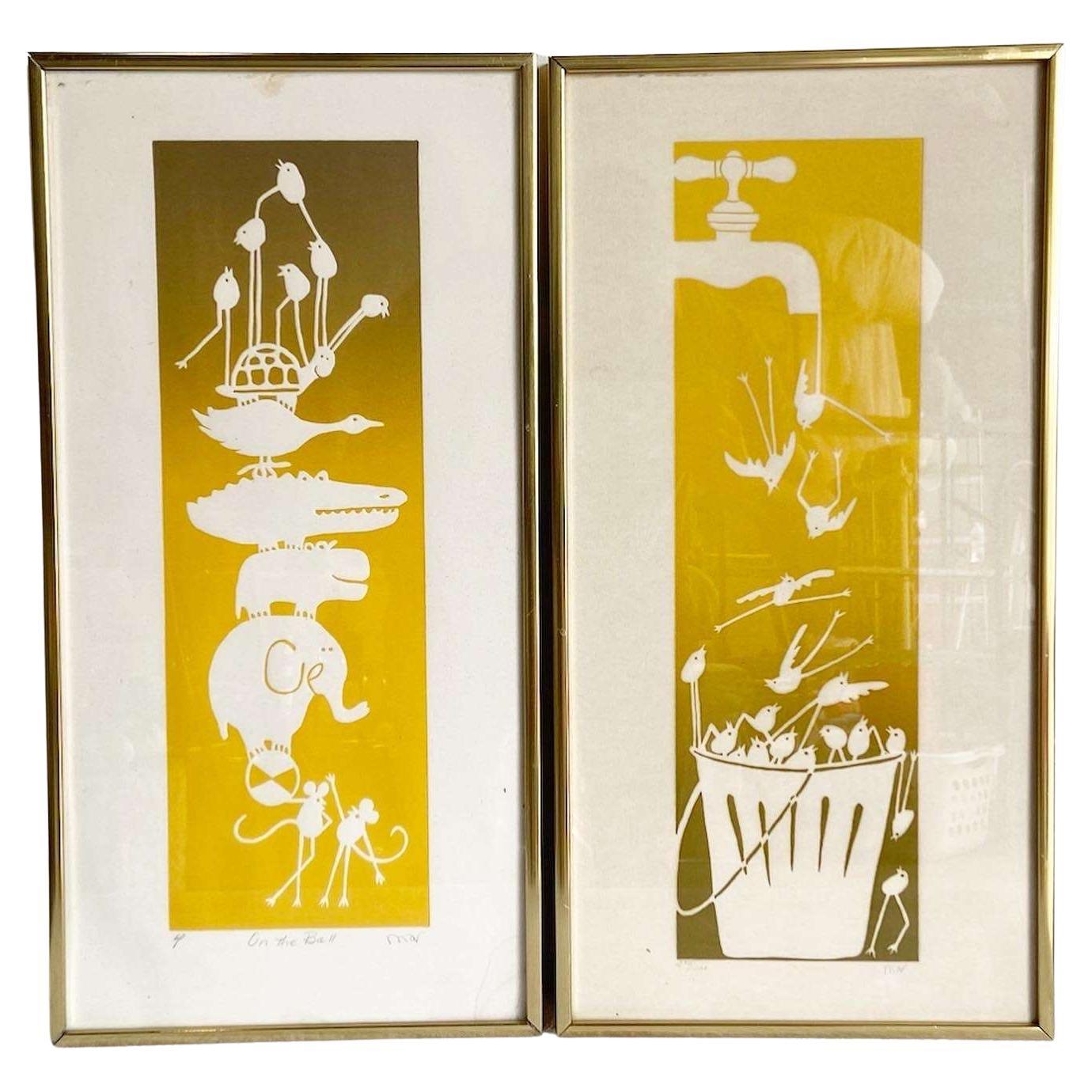 Mid Century Modern Signed and Framed Lithographs by Mar - a Pair