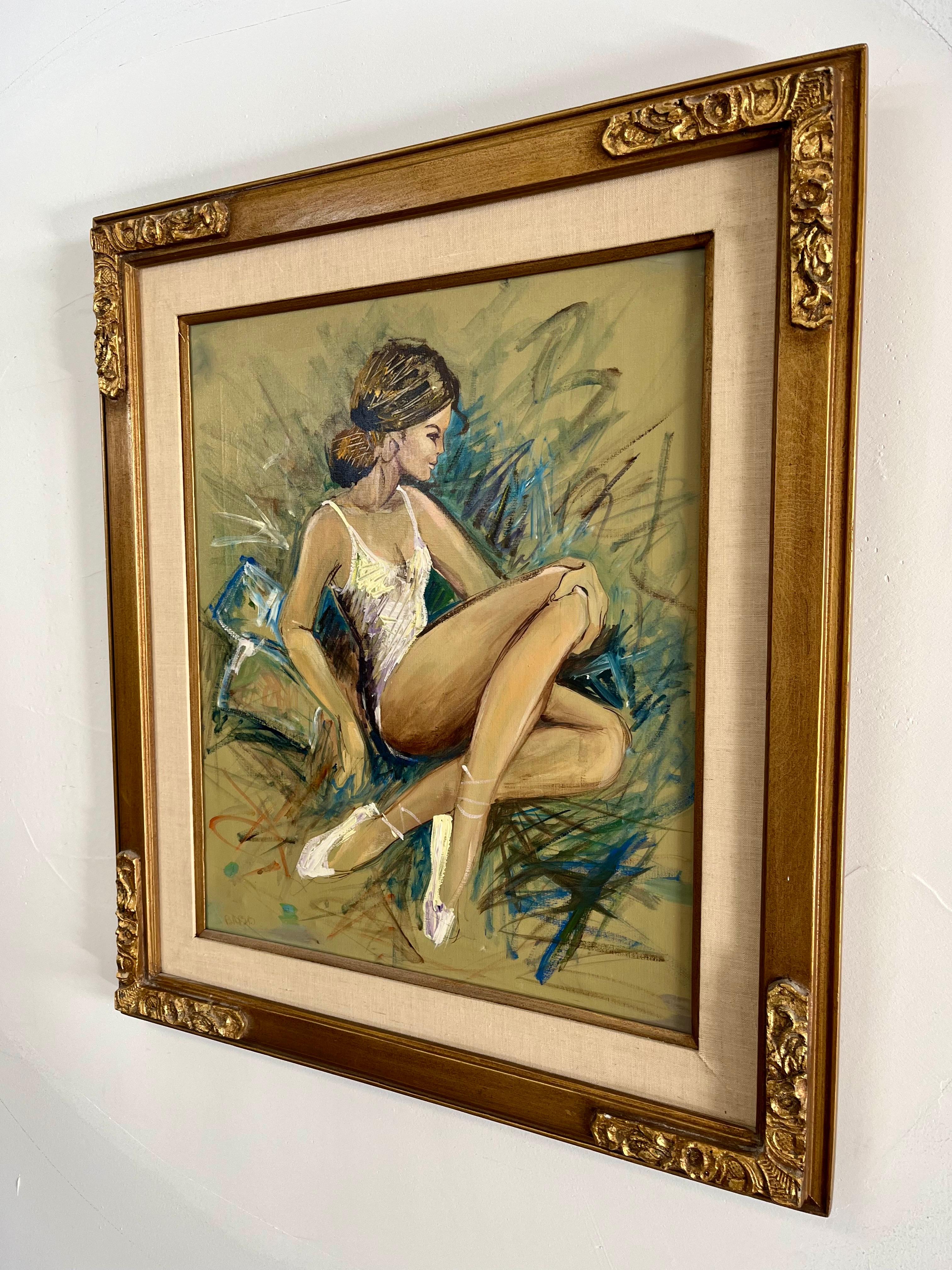 A very beautiful and engaging signed original Mid-Century Modern Impressionistic oil on canvas painting of a serene ballerina caught in a moment of quiet contemplation. Exquisitely hand-painted and colored (with striking greens, yellows, blues,