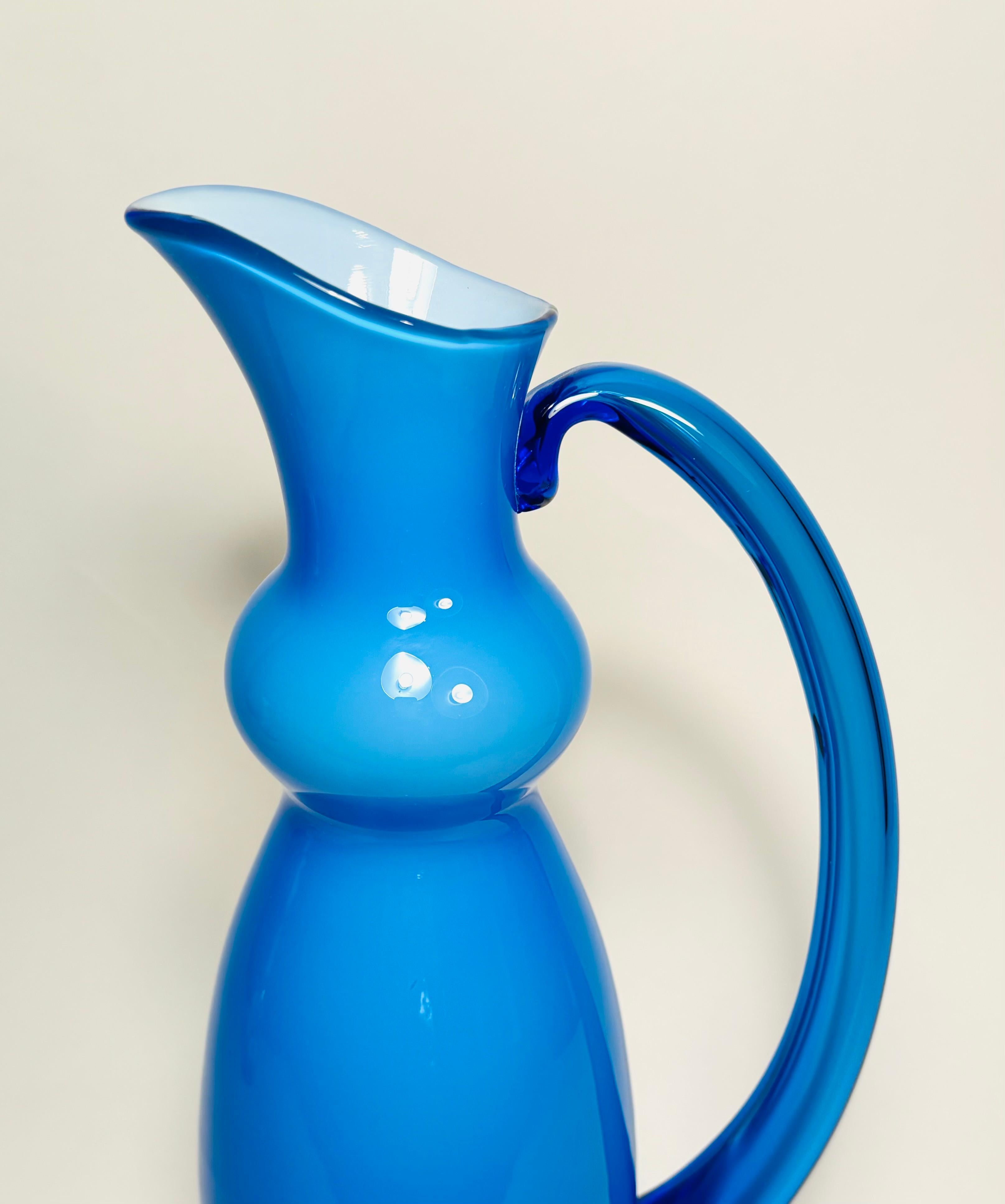 Mid-Century Modern Mid Century Modern Signed Blue Cased Glass Pitcher. Orrefors Circa 1960 For Sale