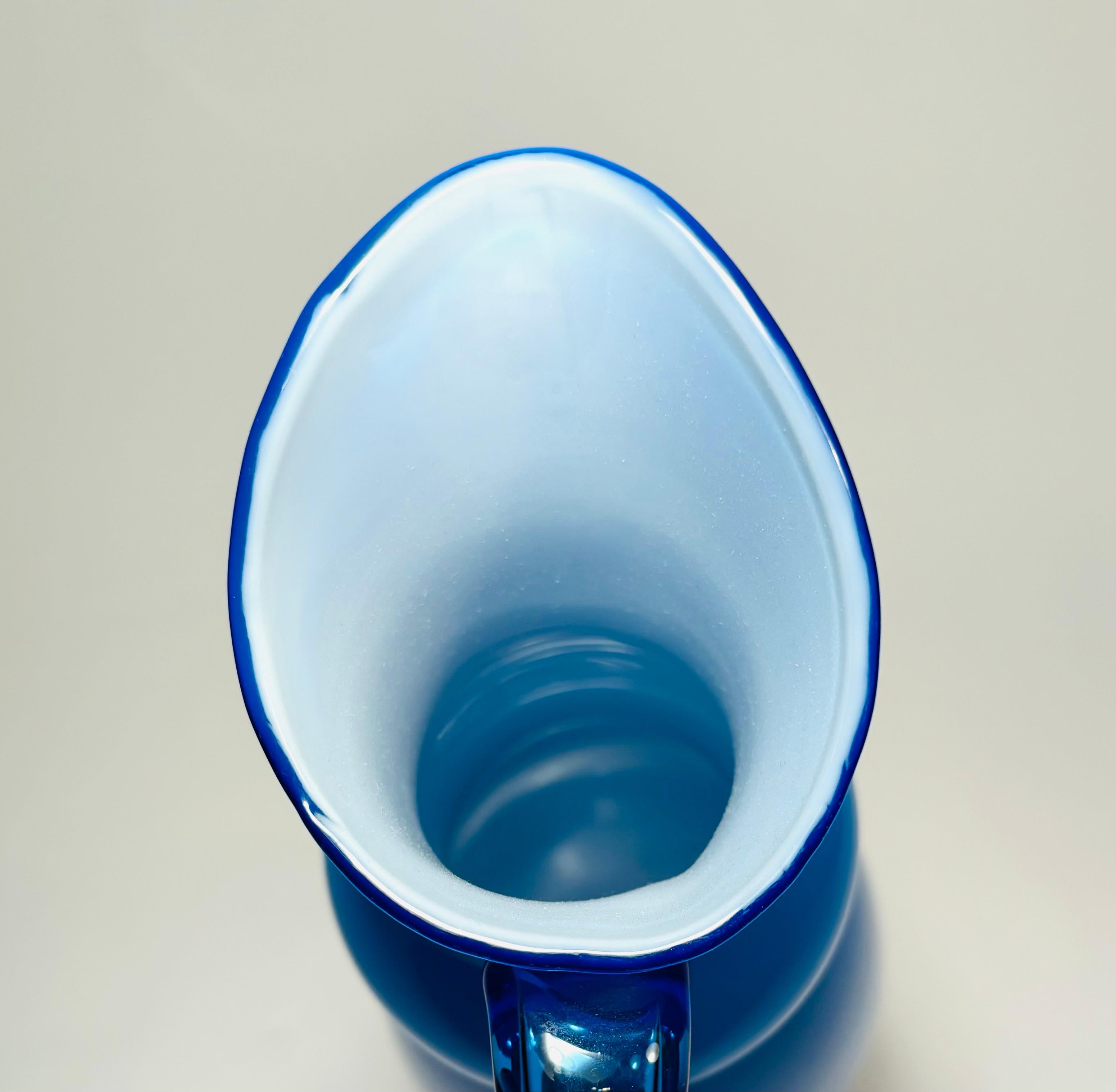 Swedish Mid Century Modern Signed Blue Cased Glass Pitcher. Orrefors Circa 1960 For Sale