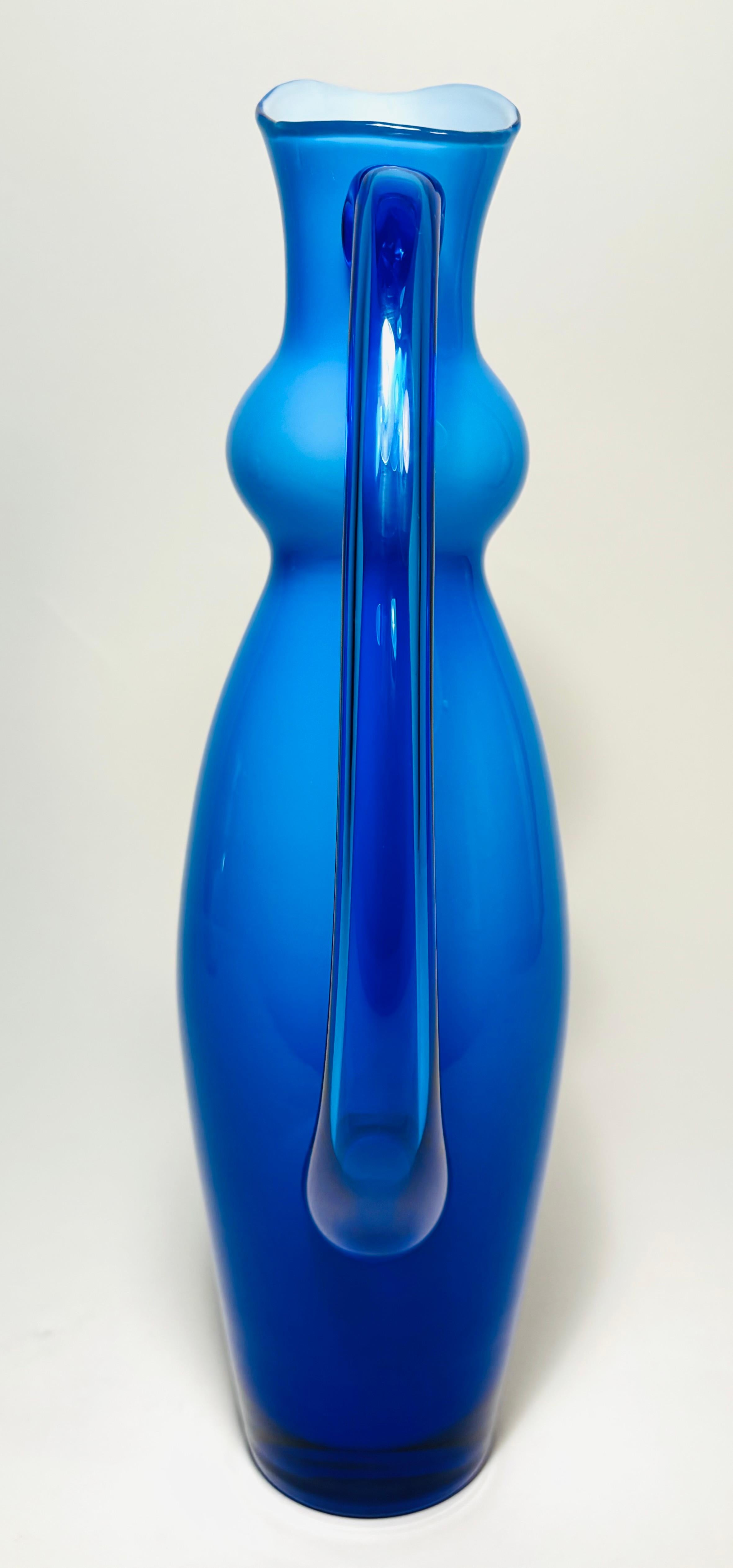 Hand-Crafted Mid Century Modern Signed Blue Cased Glass Pitcher. Orrefors Circa 1960 For Sale