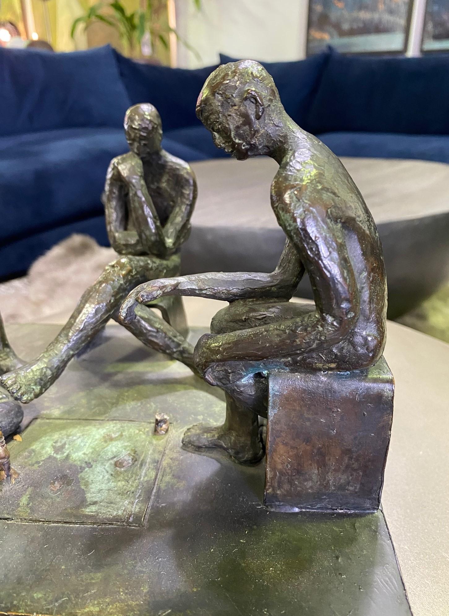 Mid-Century Modern Signed Bronze Sculpture of Four Contemplative Men in Park For Sale 4