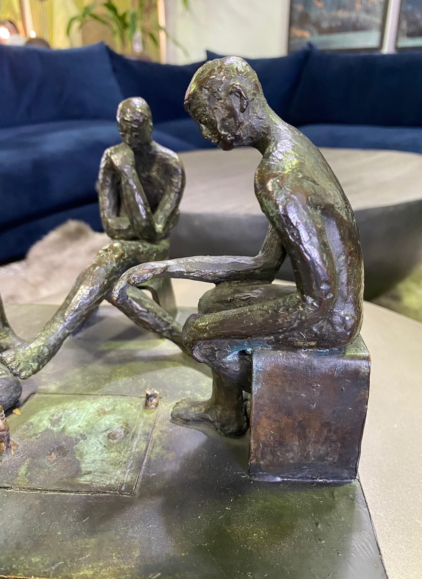 Mid-Century Modern Signed Bronze Sculpture of Four Contemplative Men in Park 4