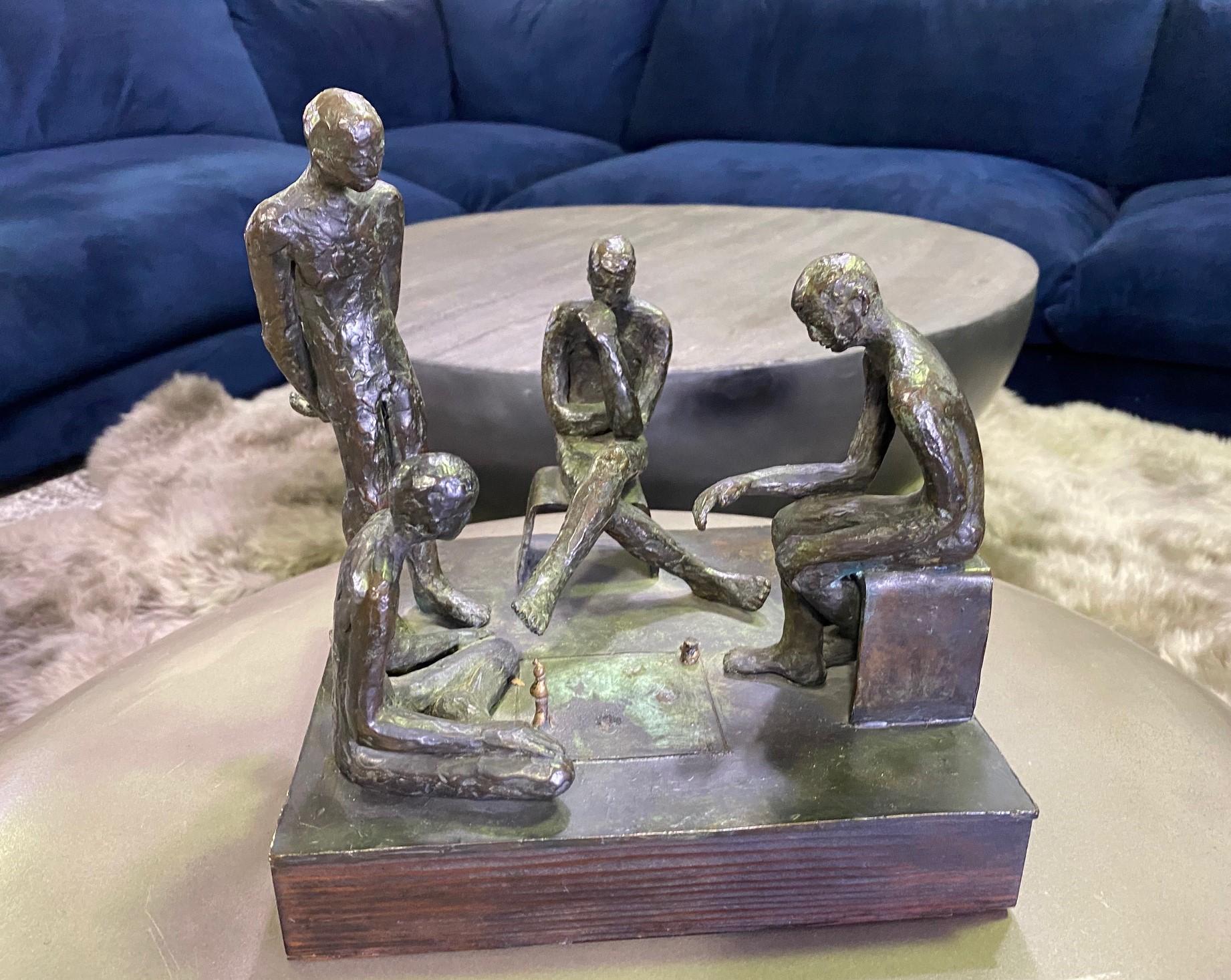 This is a beautiful work with a wonderfully composed design. The work features four men in quiet contemplation standing and sitting closely together in private thought. 

Signed and dated ('72) by the artist. 

Heavy and solid with stained wood