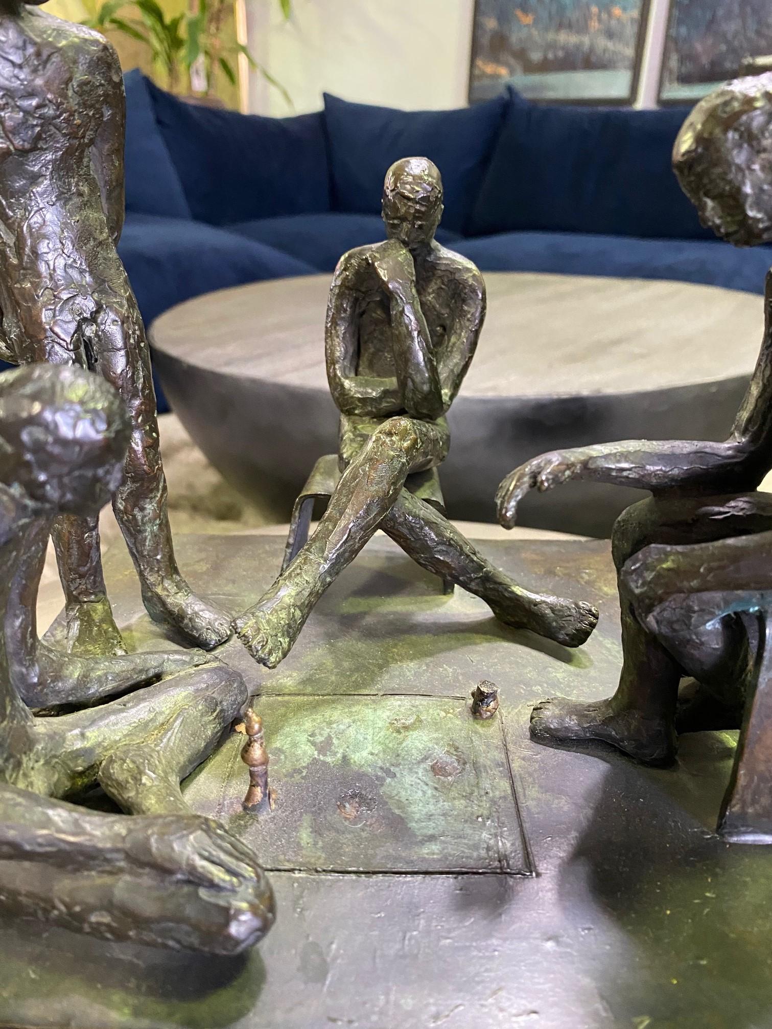 American Mid-Century Modern Signed Bronze Sculpture of Four Contemplative Men in Park For Sale