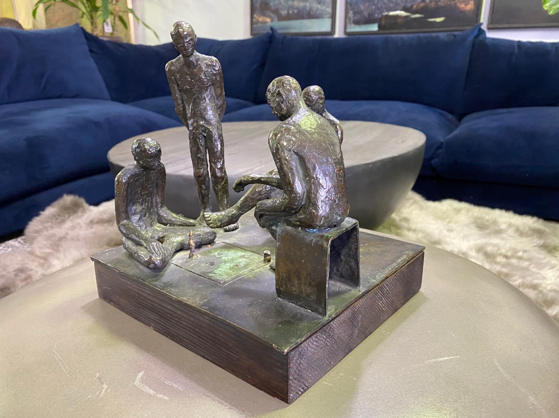 Hand-Crafted Mid-Century Modern Signed Bronze Sculpture of Four Contemplative Men in Park For Sale