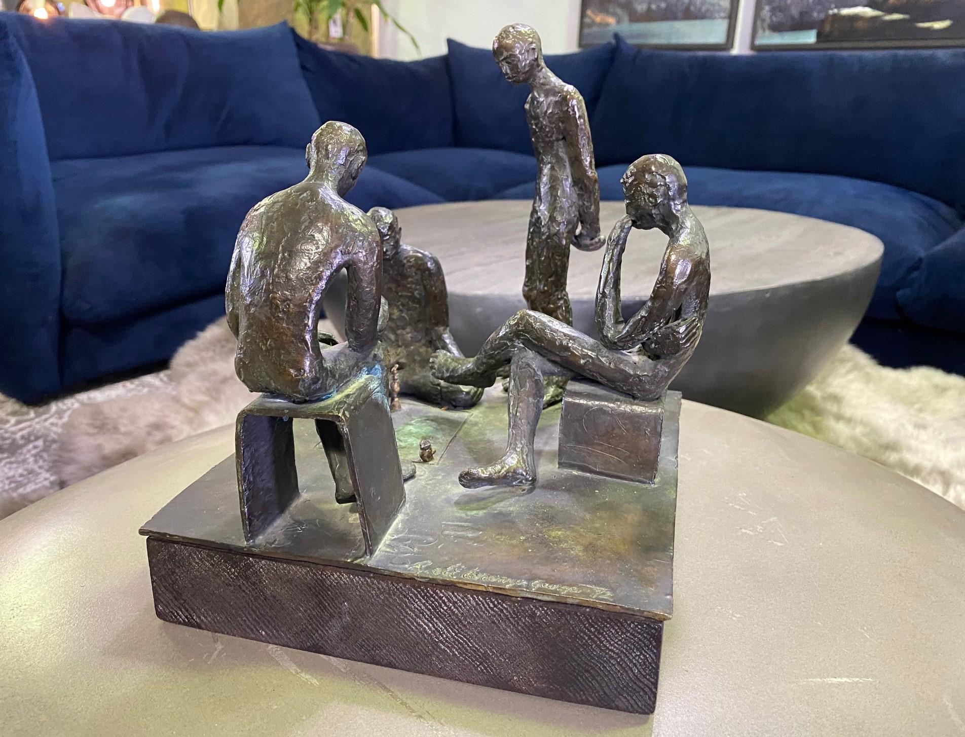 Mid-Century Modern Signed Bronze Sculpture of Four Contemplative Men in Park In Good Condition For Sale In Studio City, CA