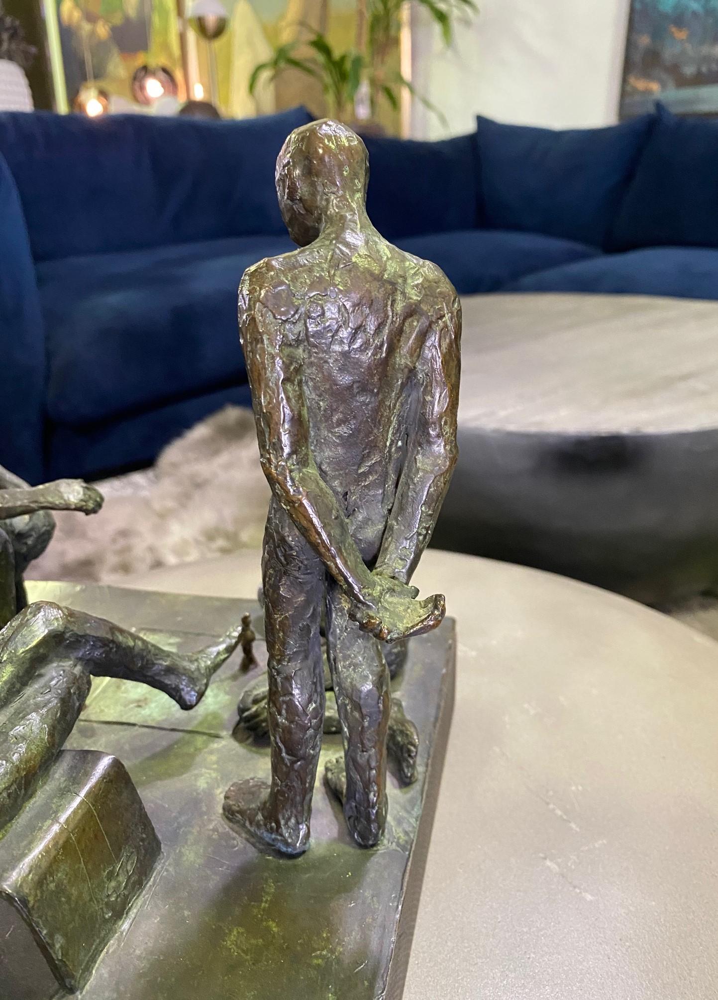 Mid-Century Modern Signed Bronze Sculpture of Four Contemplative Men in Park For Sale 1