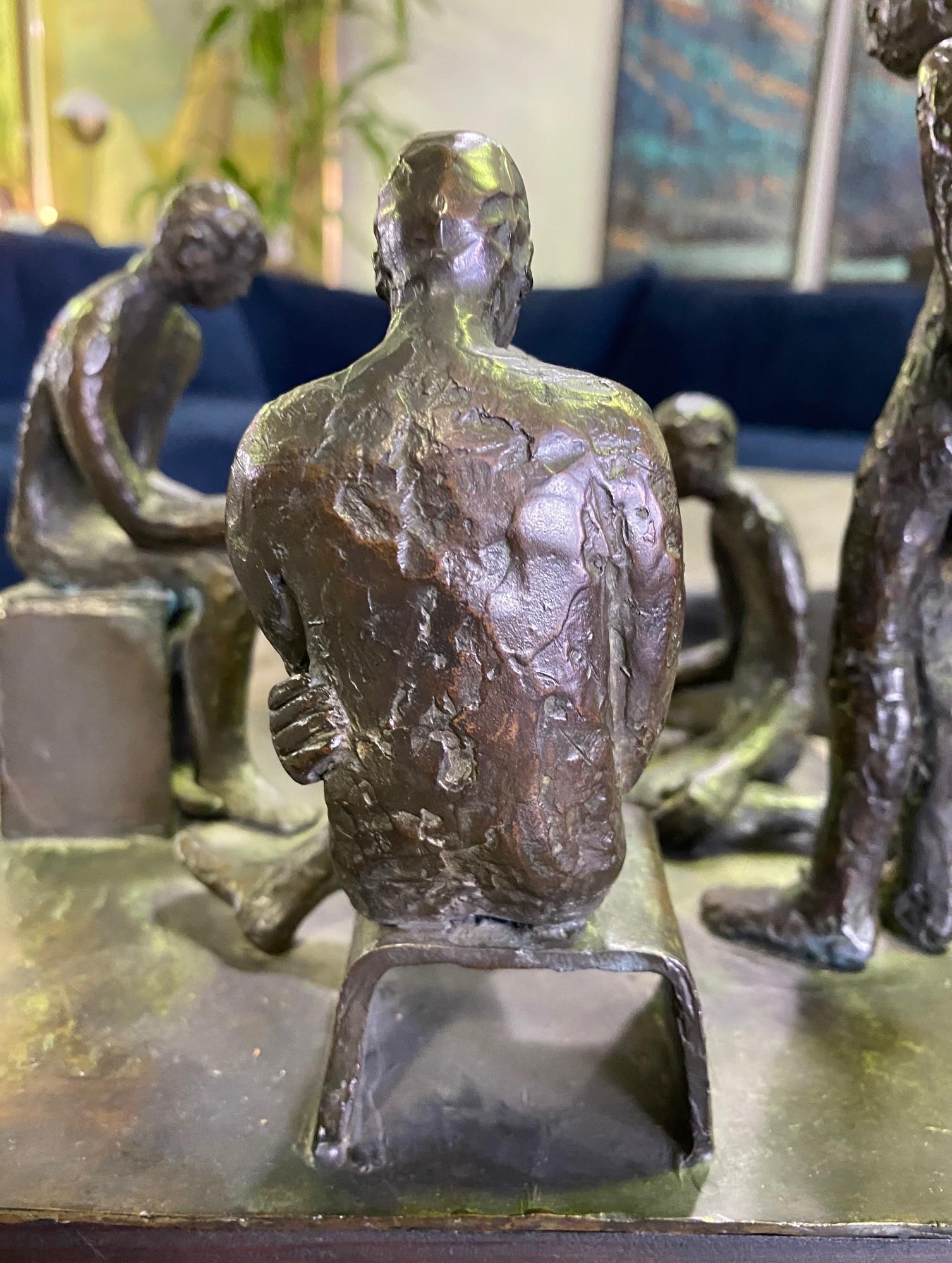 Mid-Century Modern Signed Bronze Sculpture of Four Contemplative Men in Park For Sale 2