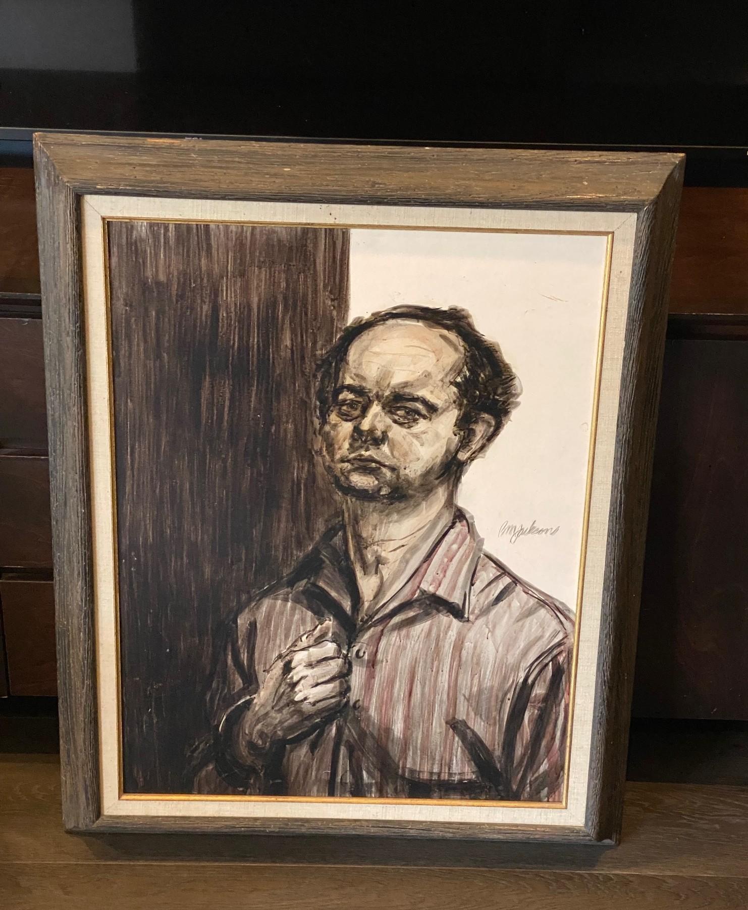 A wonderfully composed/designed and a bit oddly alluring Mid-Century Modern artist portrait oil on board painting (perhaps a self portrait. The subject looks a little akin to Dylan Thomas the Welsh poet and writer).  The contrast and play between
