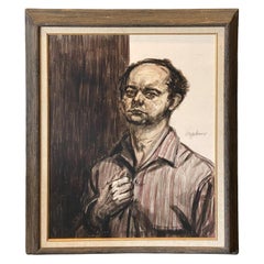 Mid-Century Modern Signed California Modernist Portrait Framed Art Painting