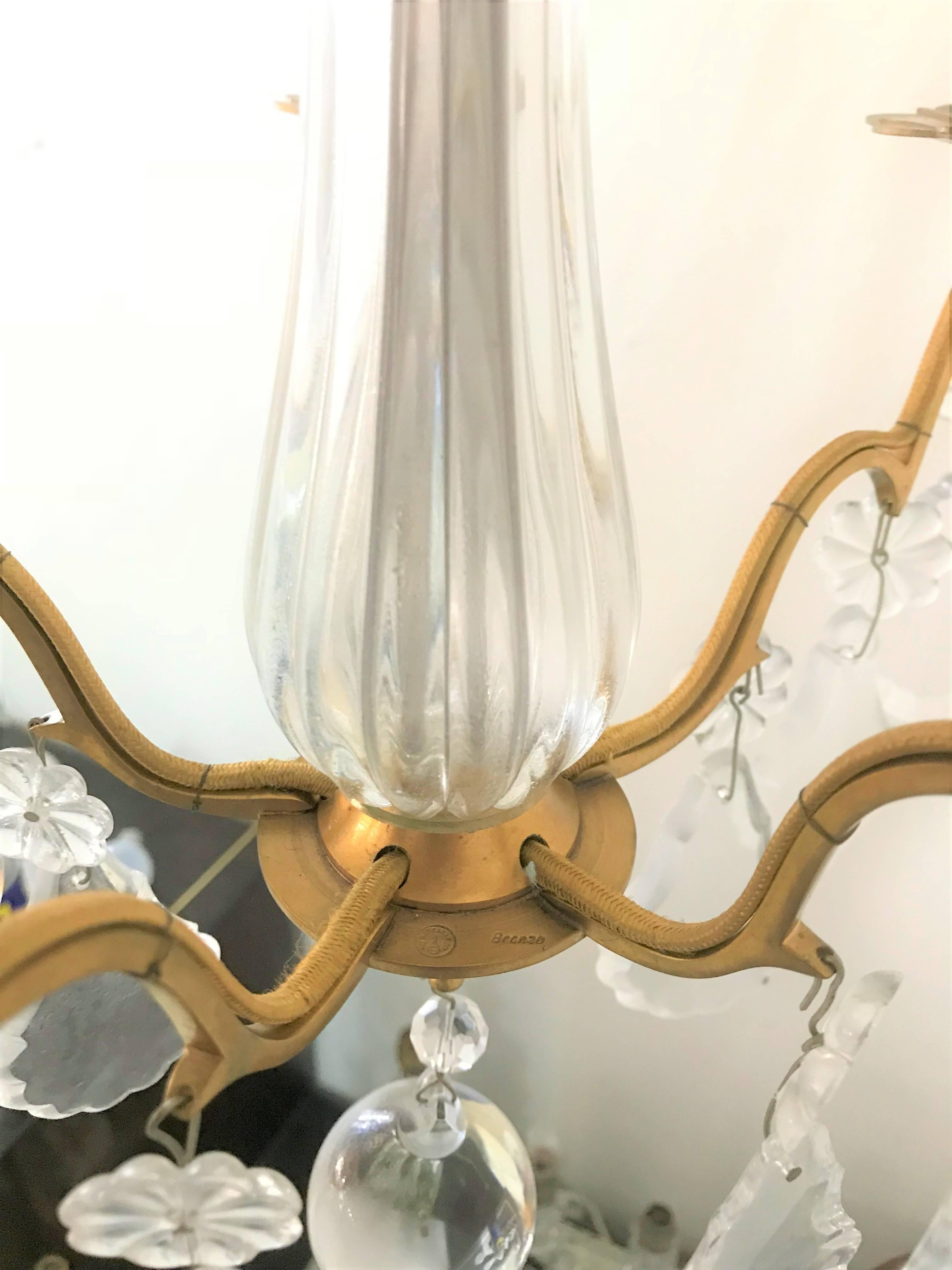 Bronze Mid-Century Modern signed Chandelier by Baccarat, France, circa 1950