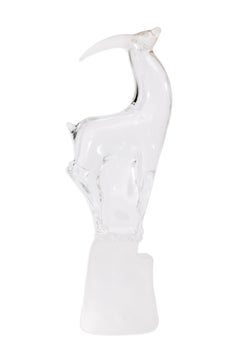 Mid Century Modern Signed Clear Art Glass Antelope Sculpture With Frosted Base