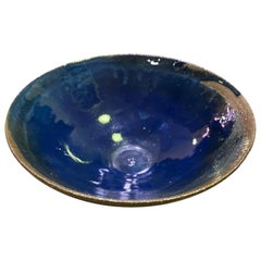 Mid-Century Modern Signed Deep Blue Glazed Pottery Ceramic Bowl