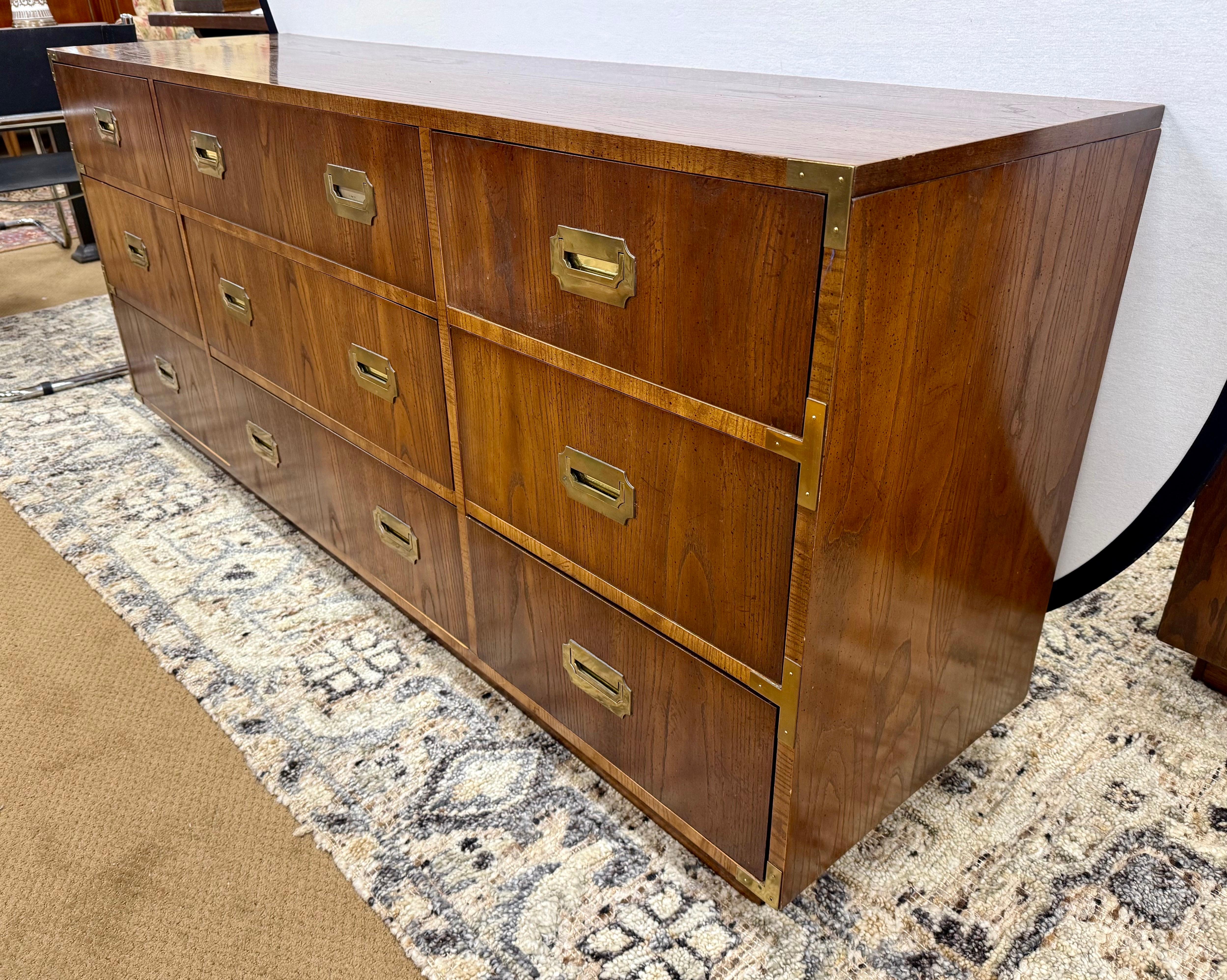 American Mid Century Modern Signed Dixie Furniture Nine Drawer Walnut Campaign Dresser