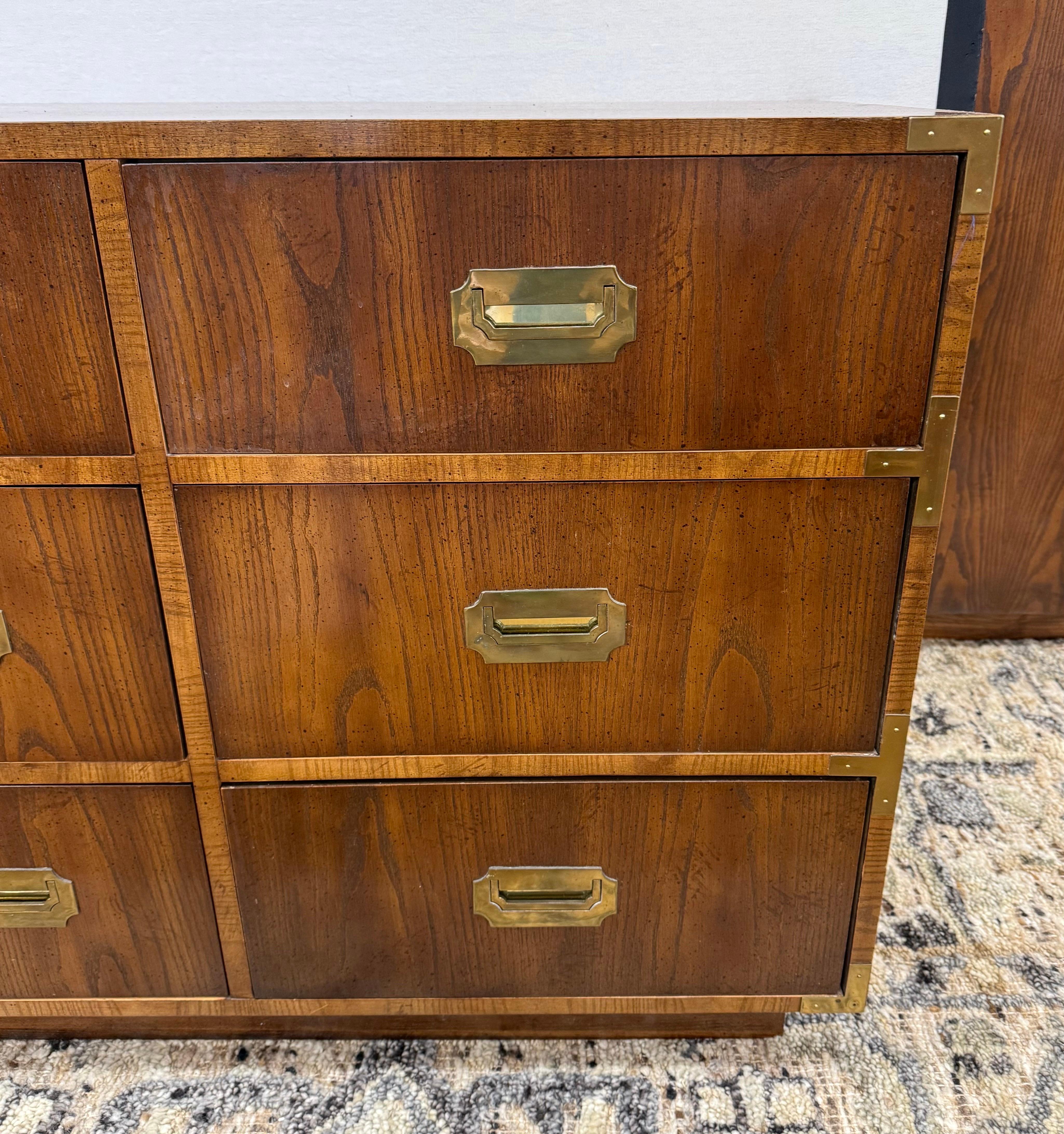 Mid-20th Century Mid Century Modern Signed Dixie Furniture Nine Drawer Walnut Campaign Dresser