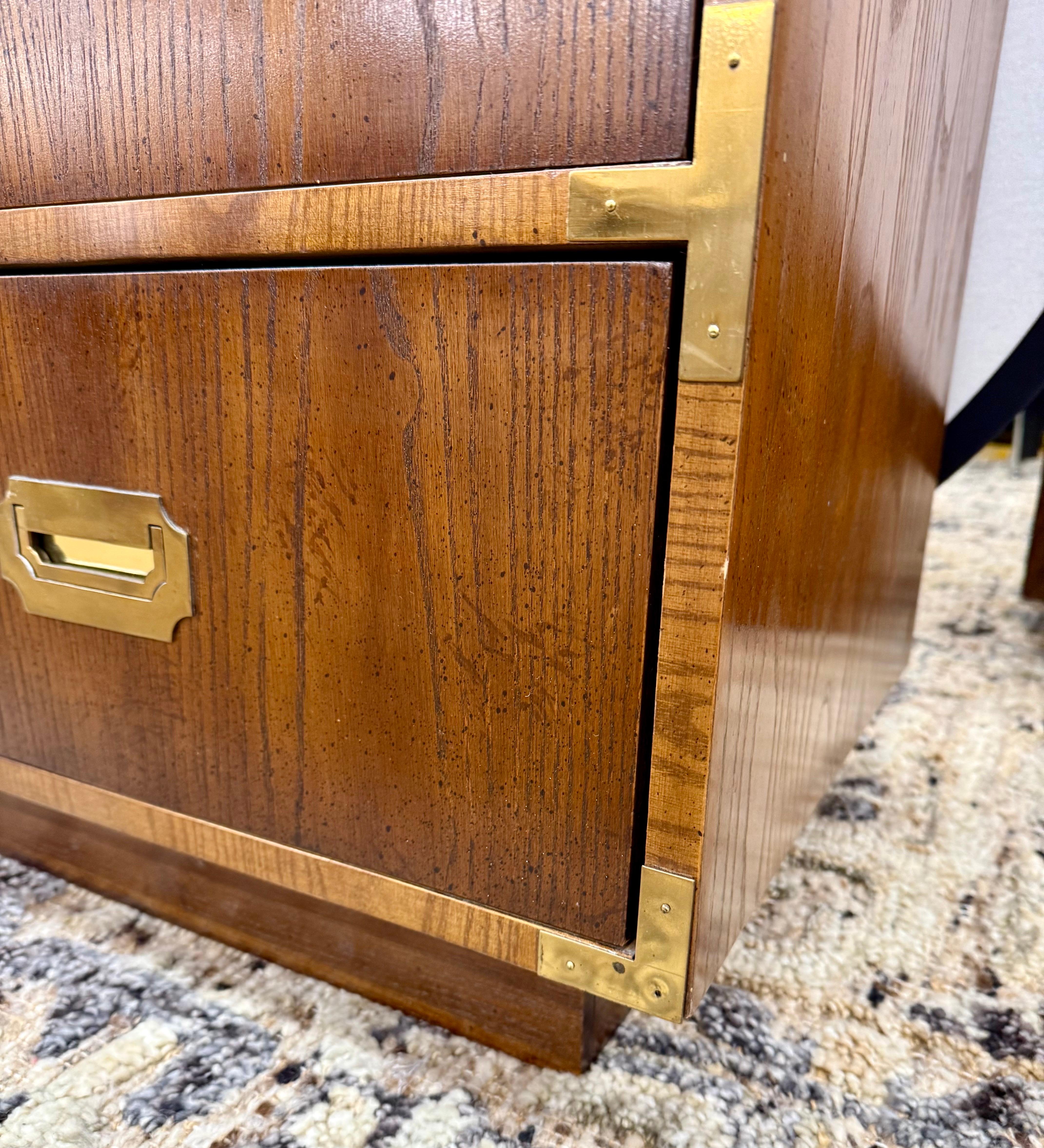 Brass Mid Century Modern Signed Dixie Furniture Nine Drawer Walnut Campaign Dresser