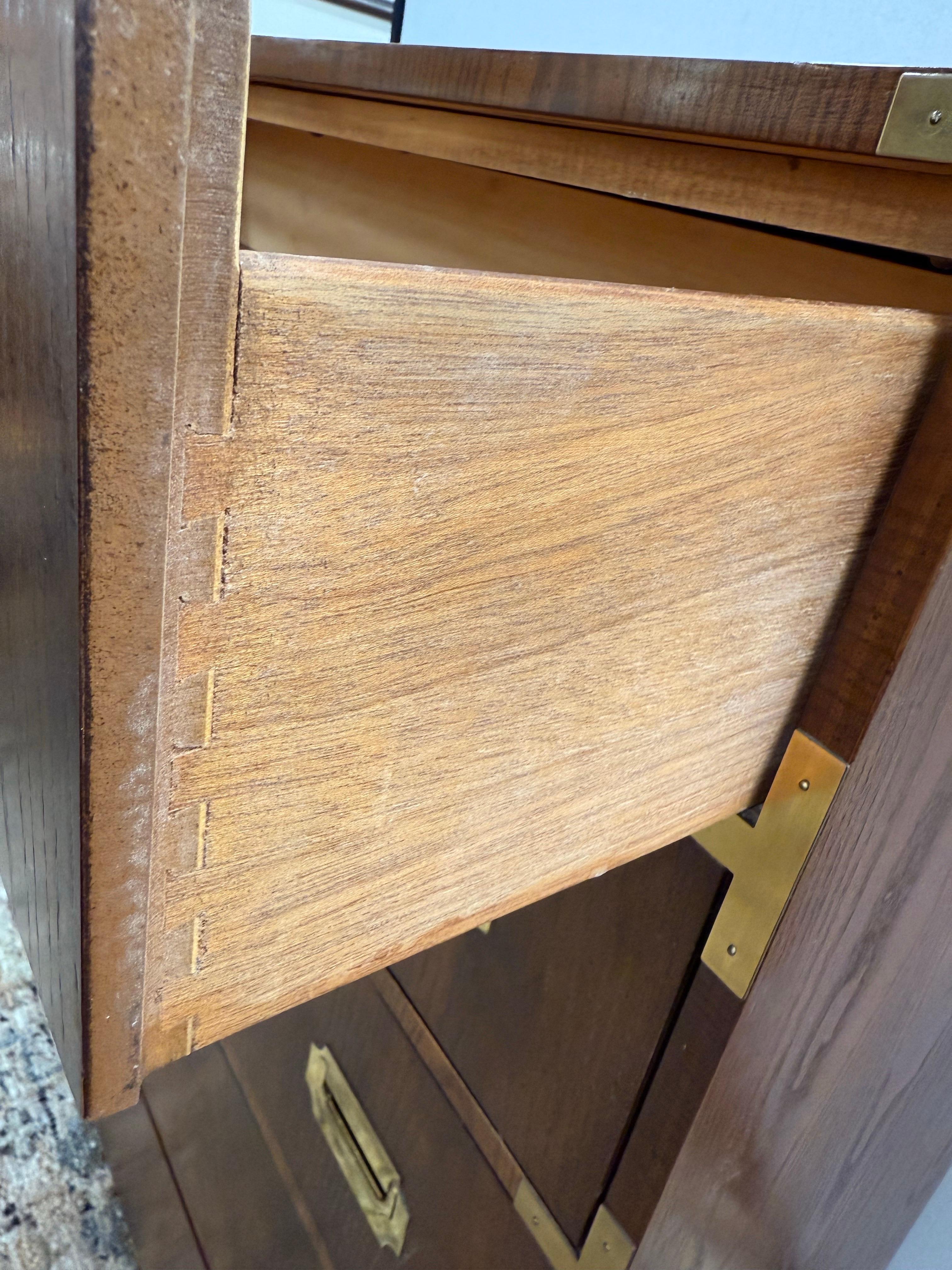 Mid Century Modern Signed Dixie Furniture Nine Drawer Walnut Campaign Dresser 1