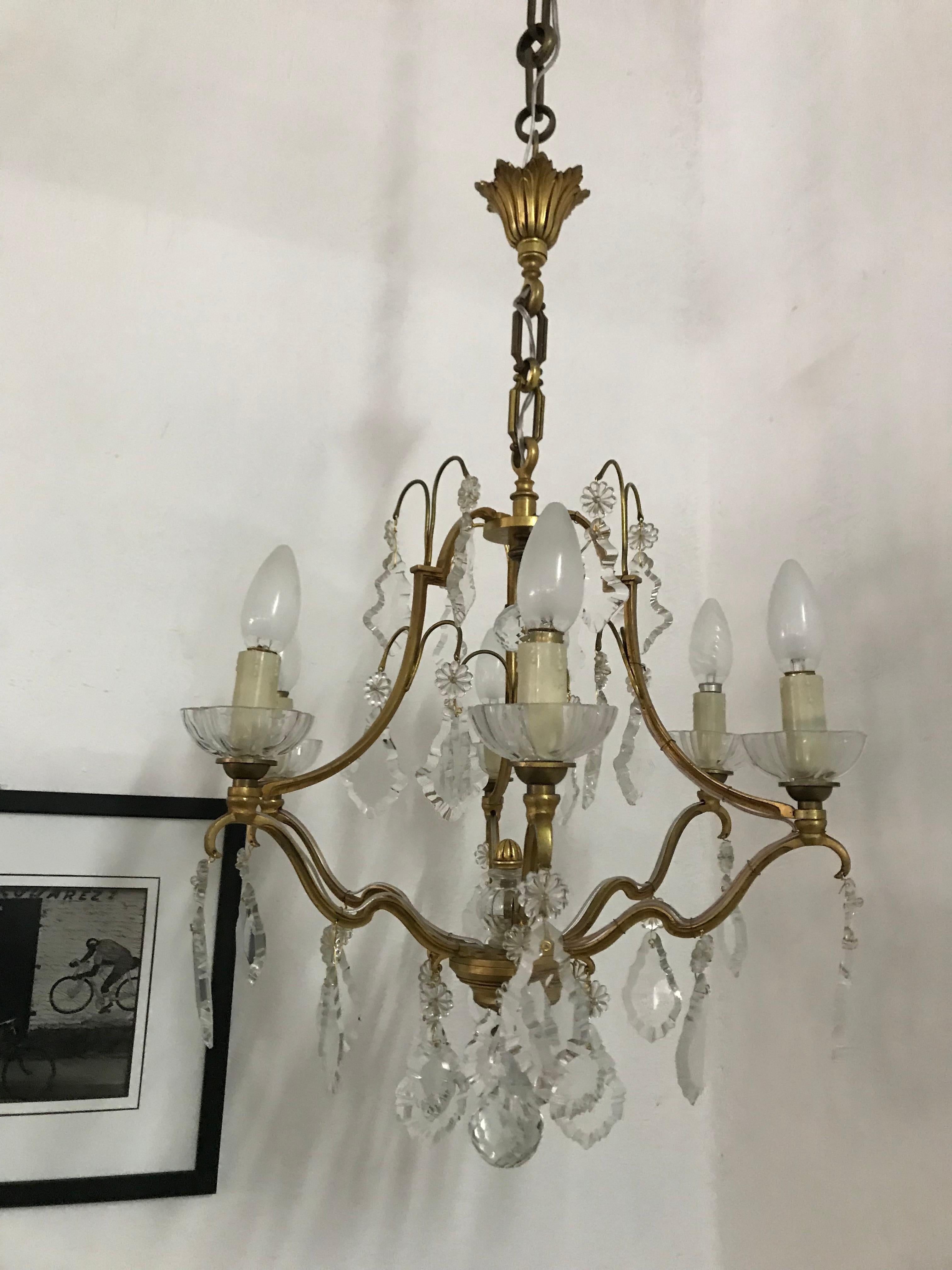 French Mid-Century Modern Signed Gilt Bronze Chandelier by Petitot, France, circa 1940 For Sale