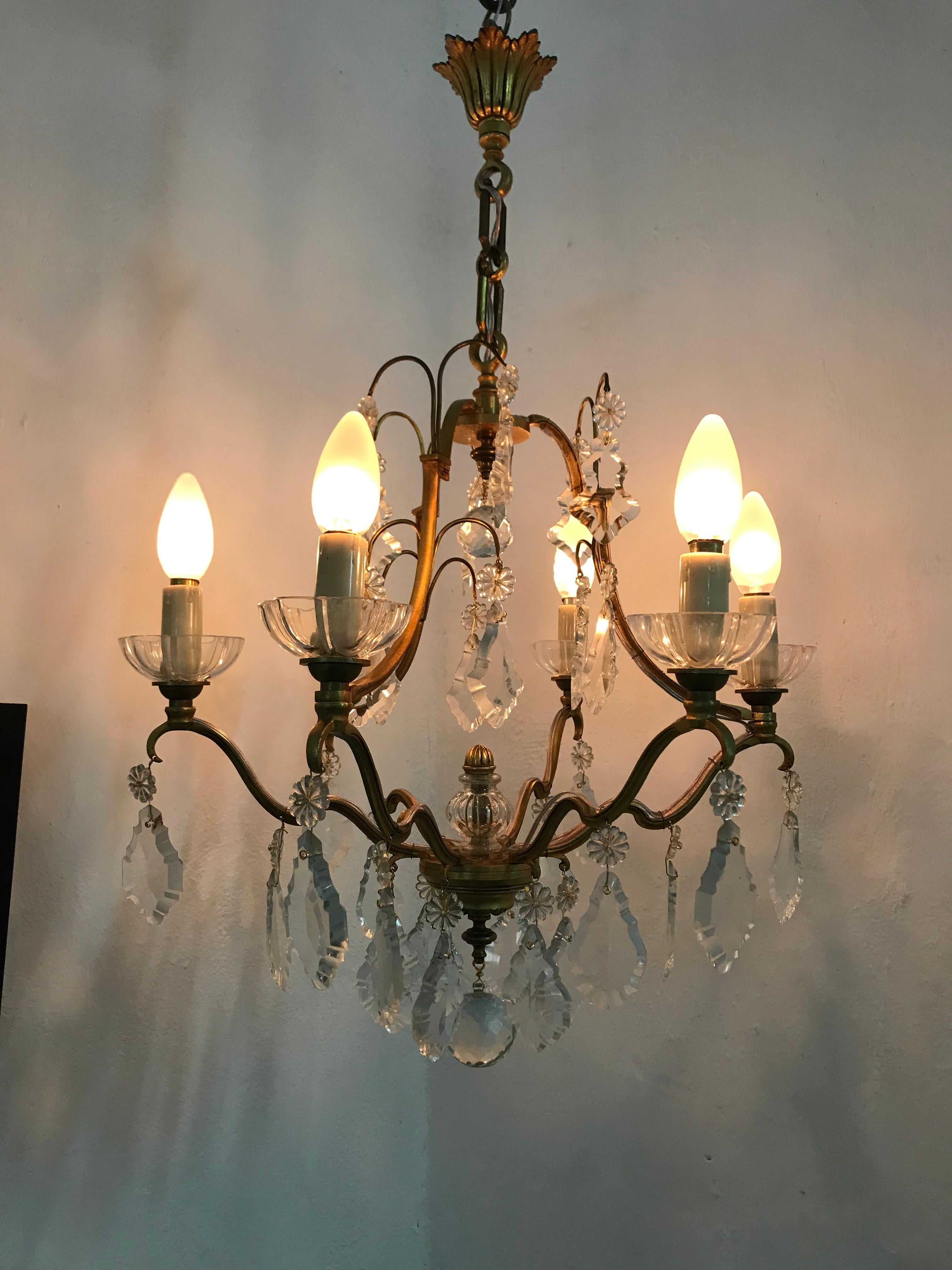 Mid-Century Modern Signed Gilt Bronze Chandelier by Petitot, France, circa 1940 For Sale 4