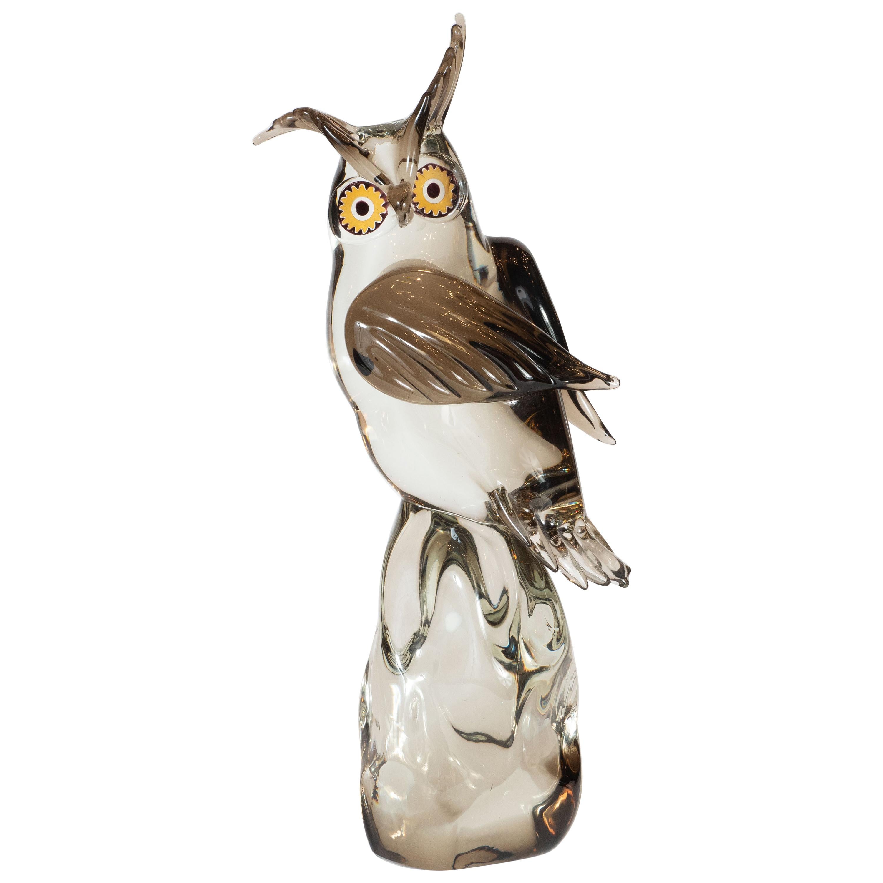 Mid-Century Modern Signed Hand Blown Murano Owl Sculpture by Licio Zanetti