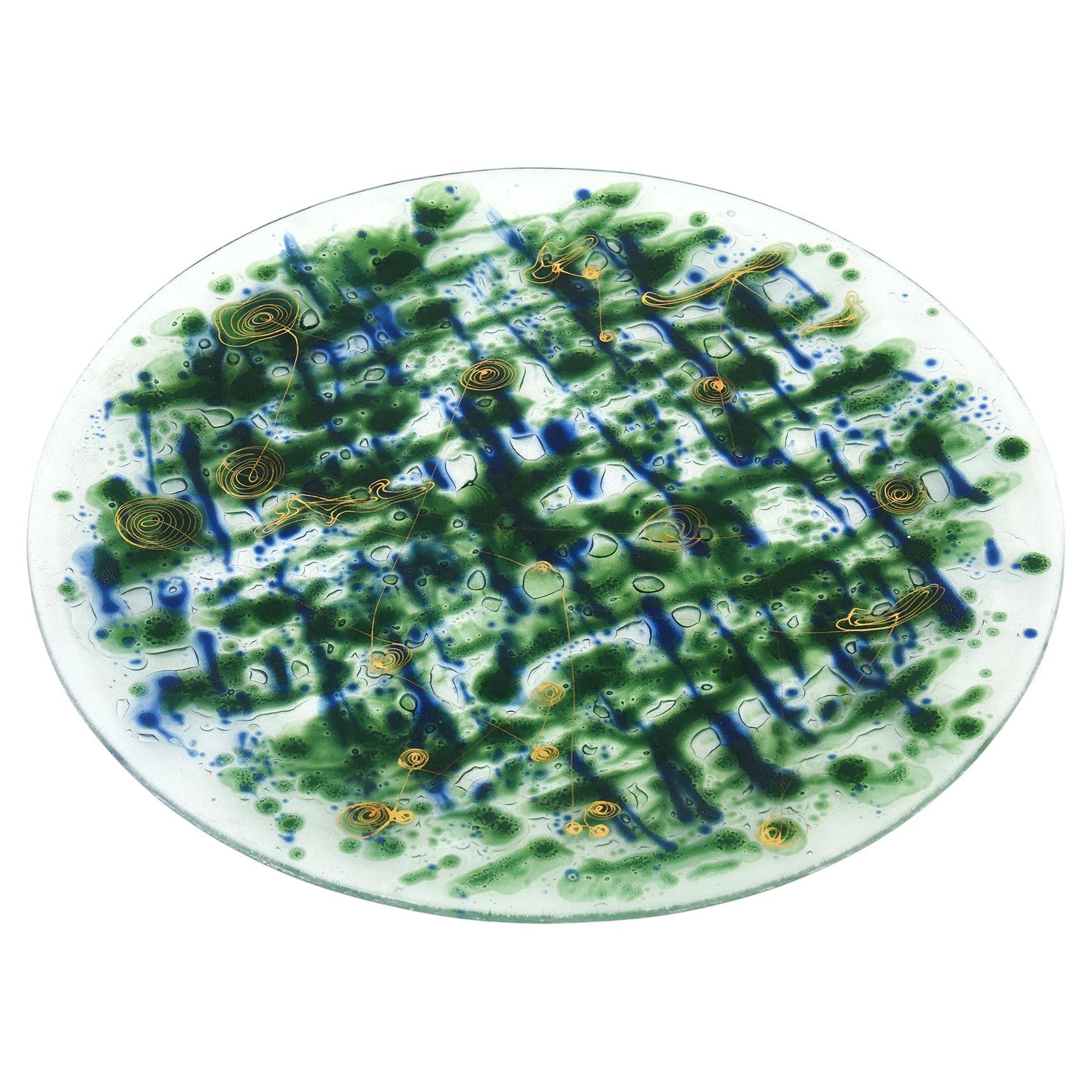 Piatto di vetro astratto fuso di metà secolo firmato Higgins Glass Blu, Verde, Oro
