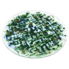 Piatto di vetro astratto fuso di metà secolo firmato Higgins Glass Blu, Verde, Oro
