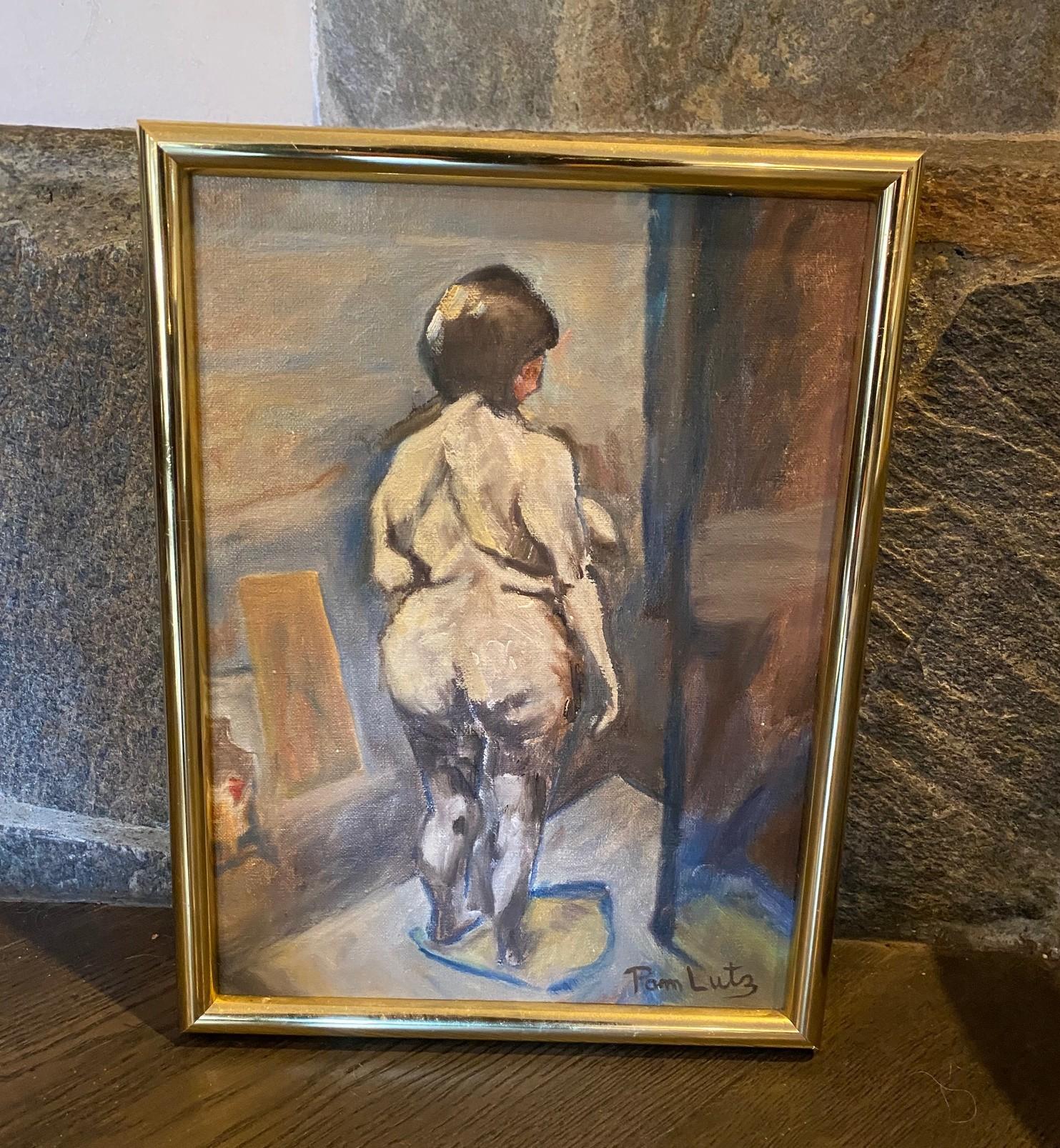 A fantastic and engaging Mid-Century abstract Impressionist nude oil painting featuring a woman in rear profile from behind.  The composition and bold, vivid colors are quite beautiful if not a little absurdly comical.  

The painting is signed by
