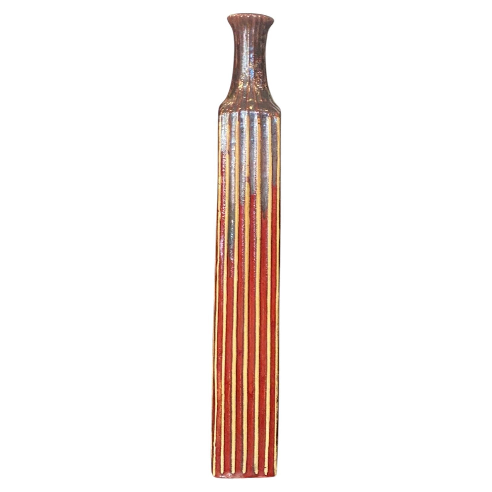 Mid-Century Modern Signed Italian Tessuto Tall Stoneware Pottery Ceramic Vase
