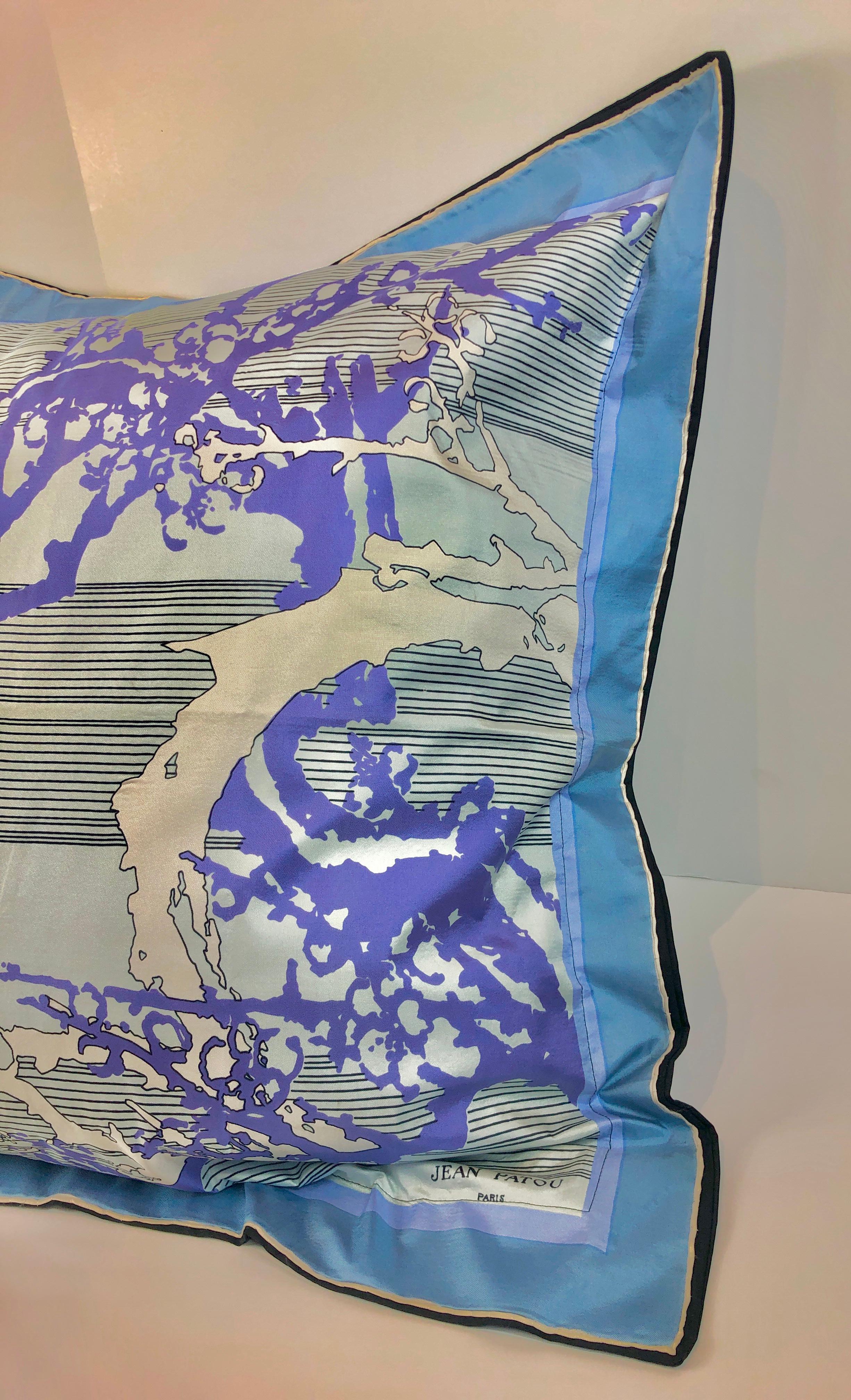 French Blue, Purple, White and Black Vintage Jean Patou Silk Scarf Decorative Pillow For Sale