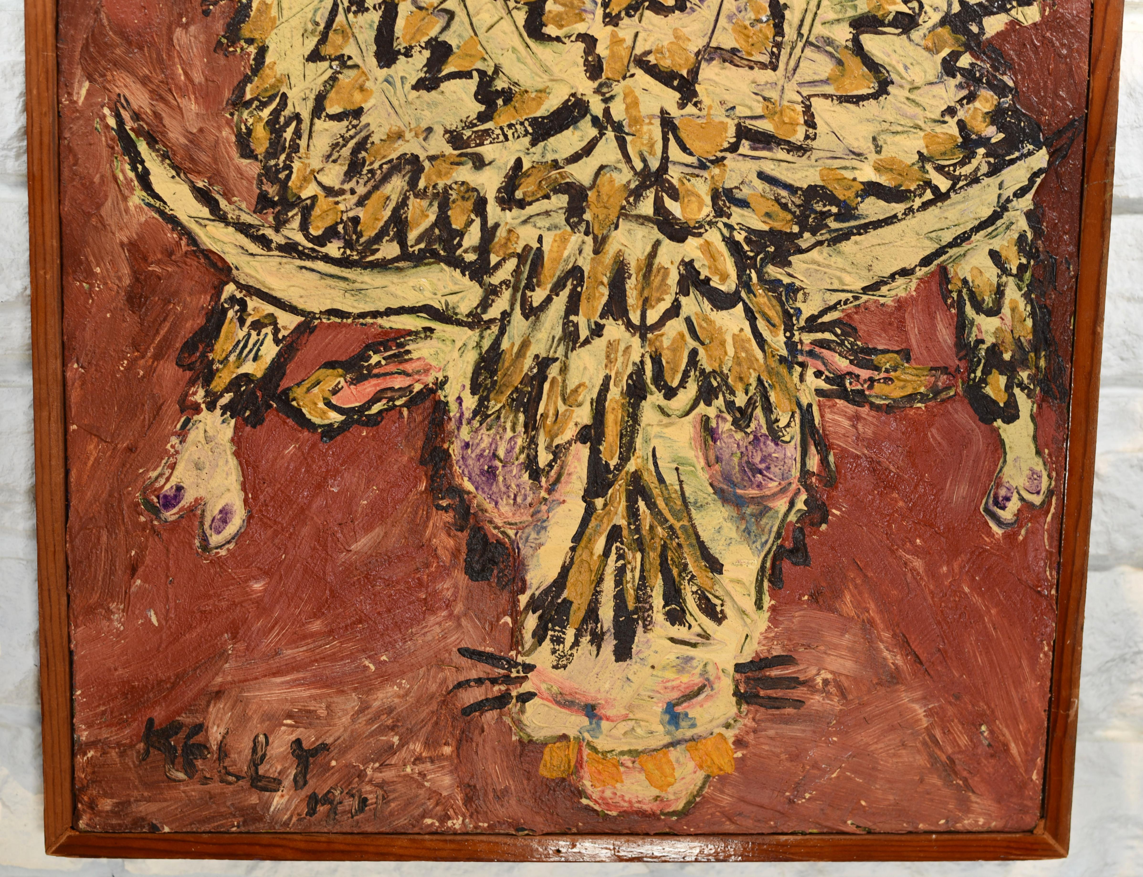 Pintura al óleo Kelly de mediados del siglo moderno firmada 