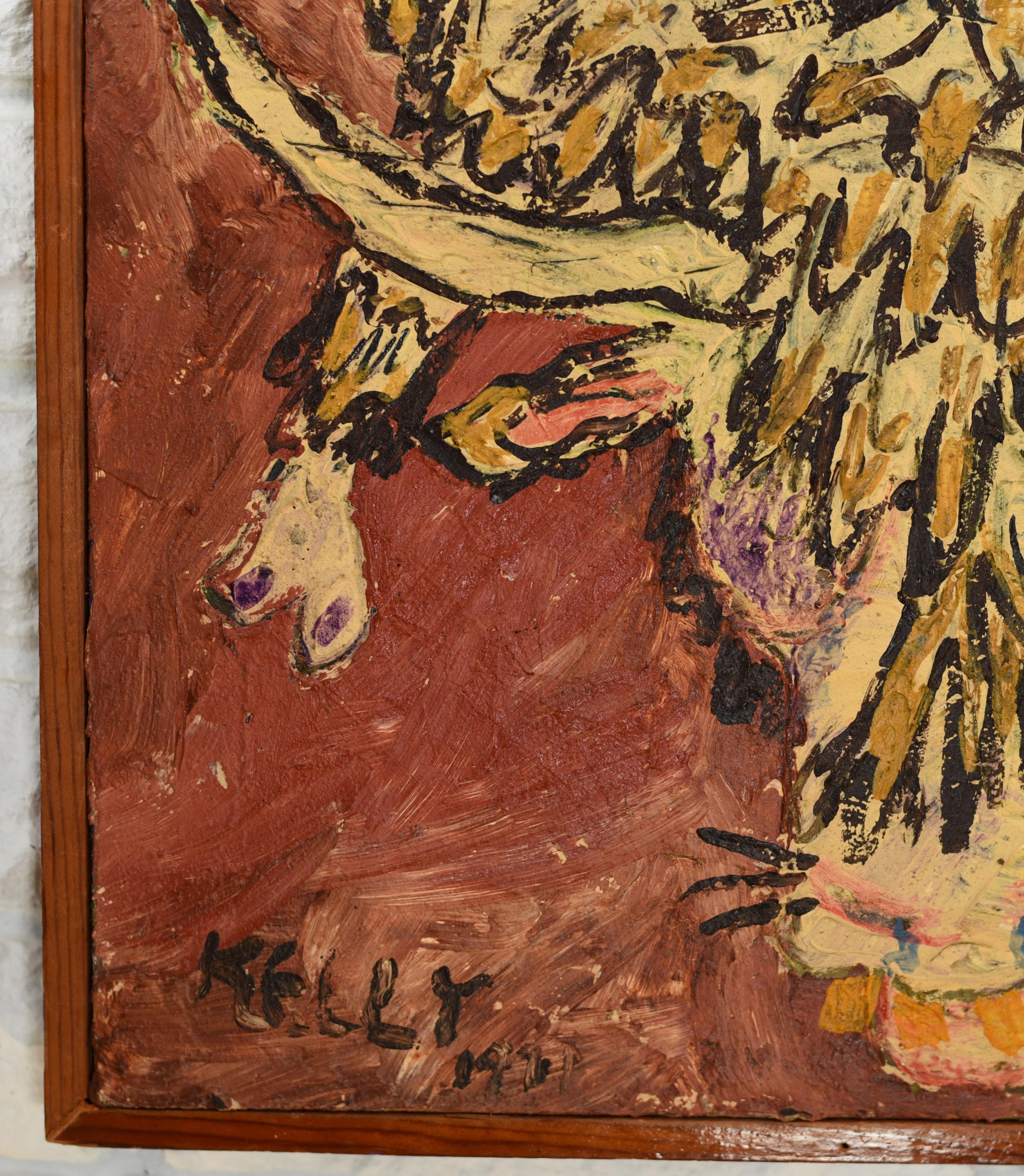 Pintura al óleo Kelly de mediados del siglo moderno firmada 