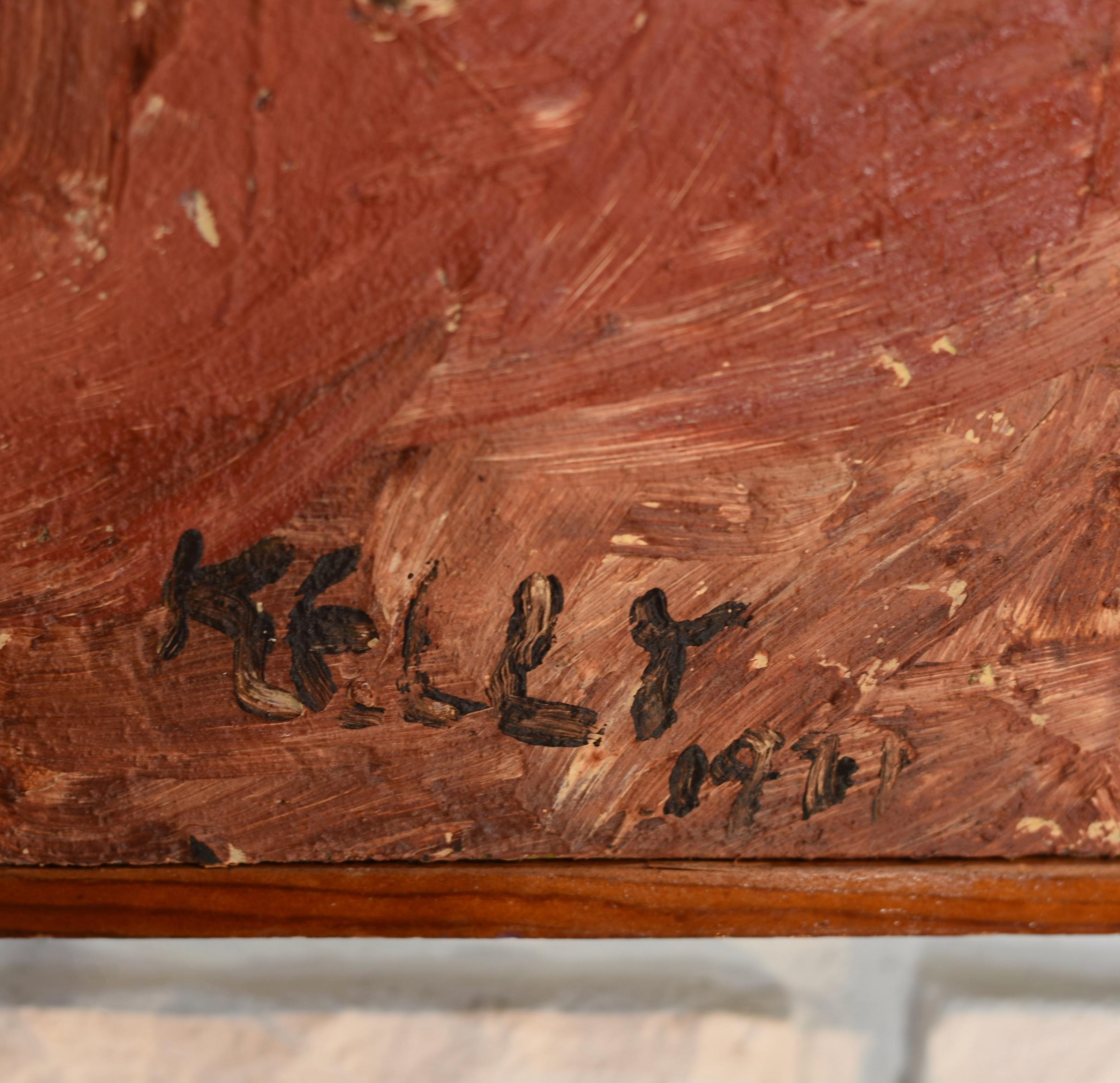 Pintura al óleo Kelly de mediados del siglo moderno firmada 