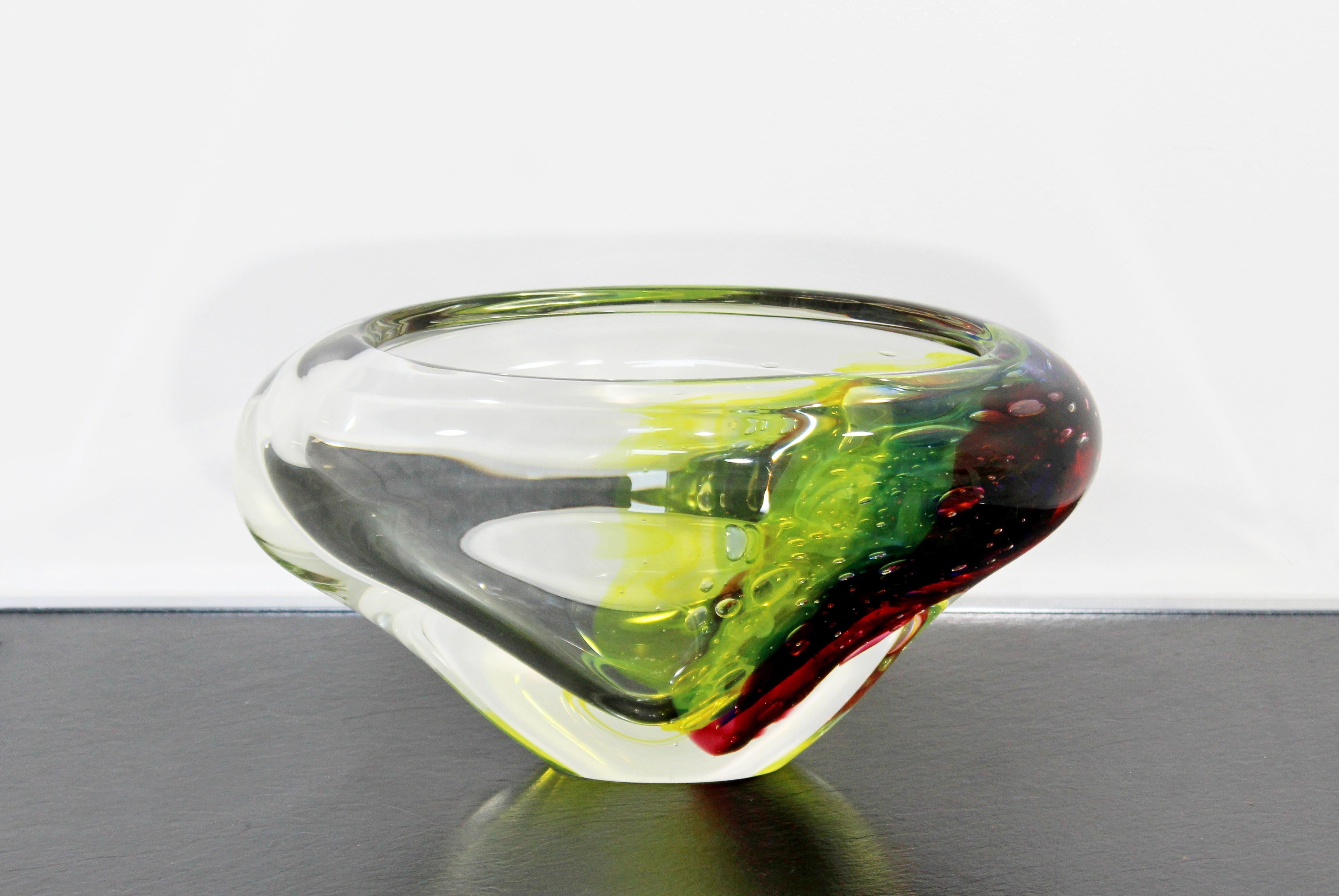 For your consideration is a glorious, signed glass art bowl, with stunning bubbles in the multi-color, signed Murano. In excellent condition. The dimensions are 15
