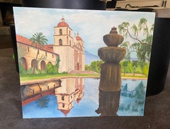 Mid-Century Modern Signed Landscape Painting of California Santa Barbara Mission